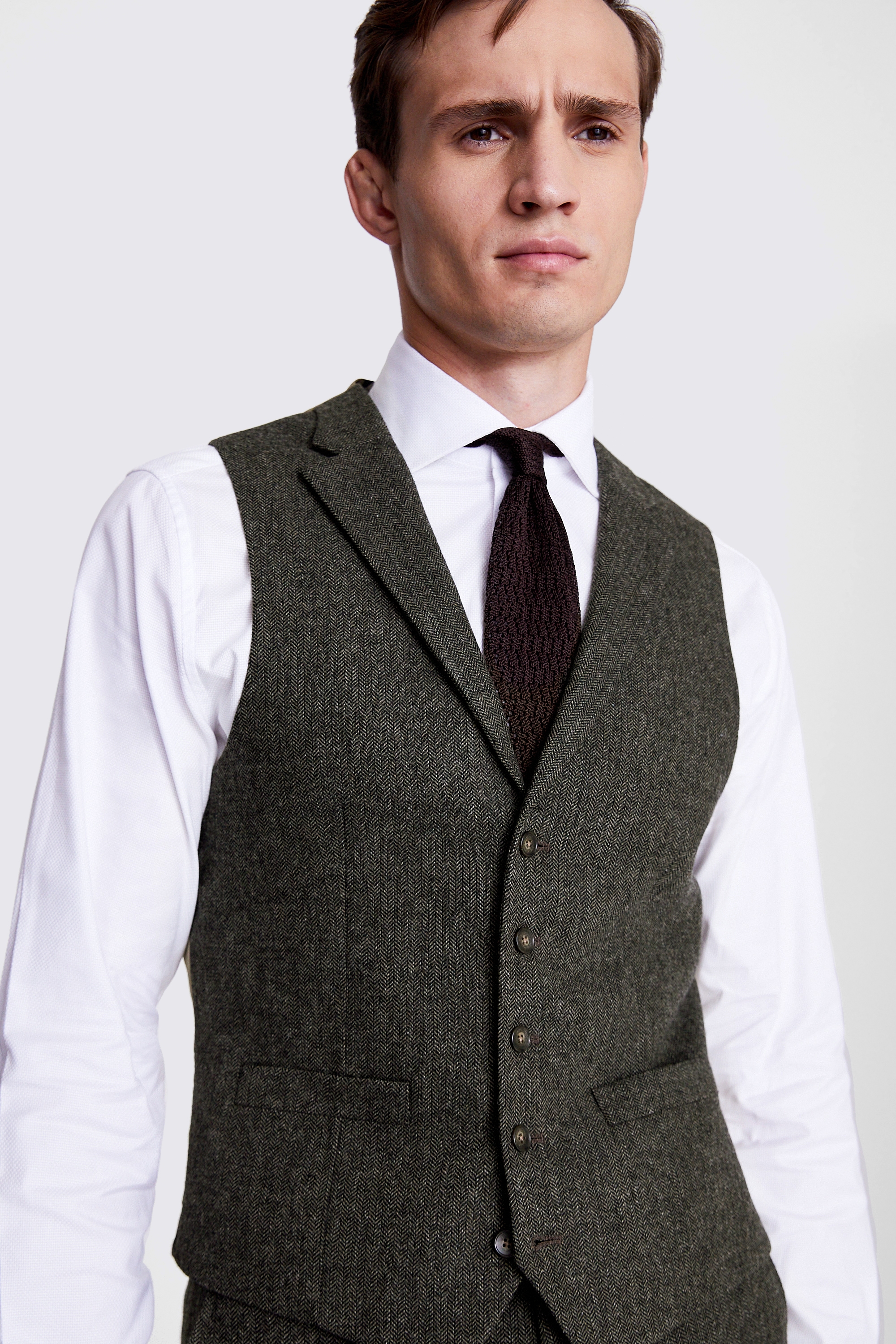 Tailored Fit Olive Herringbone Waistcoat | Buy Online at Moss