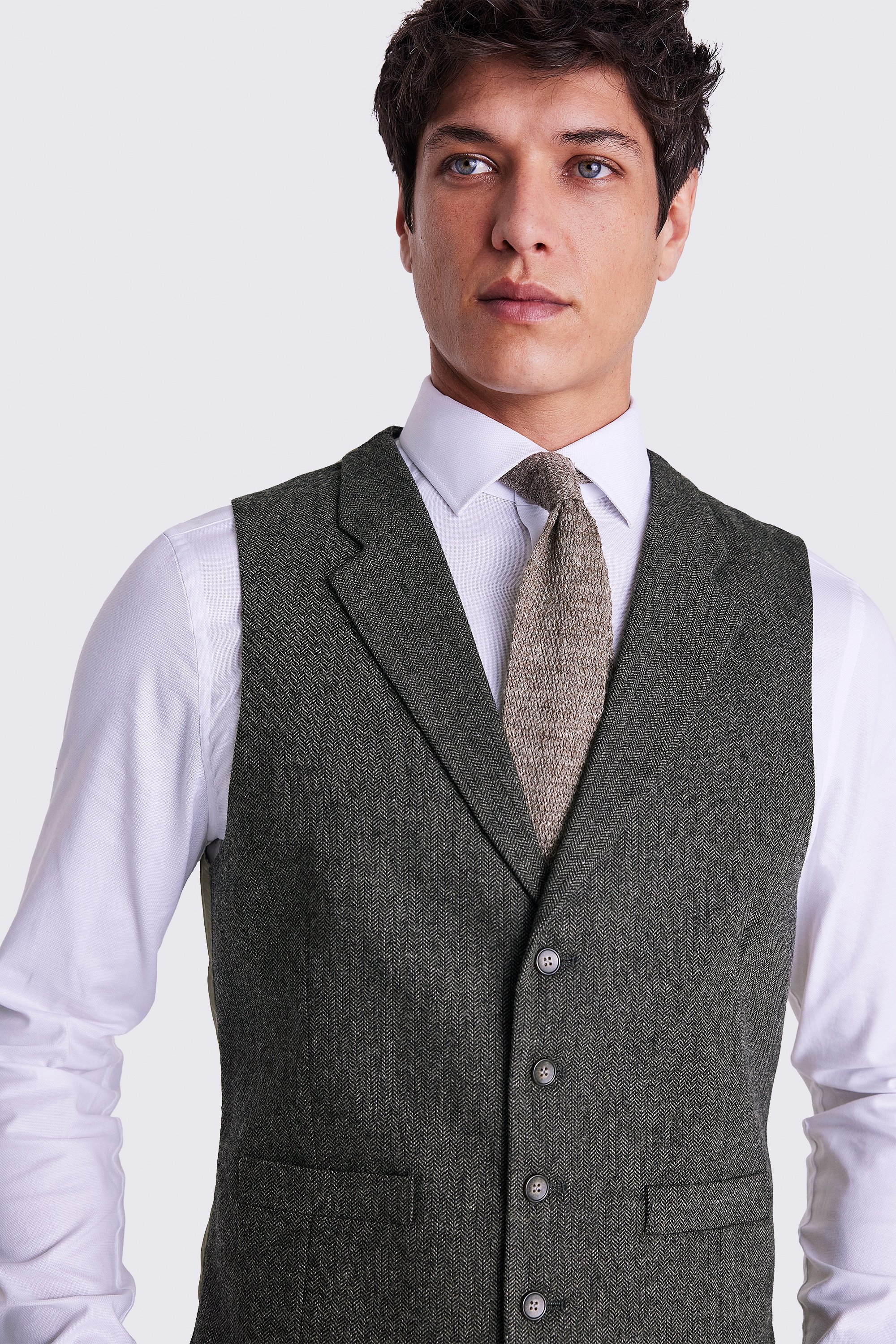 Tailored Fit Olive Herringbone Waistcoat | Buy Online at Moss