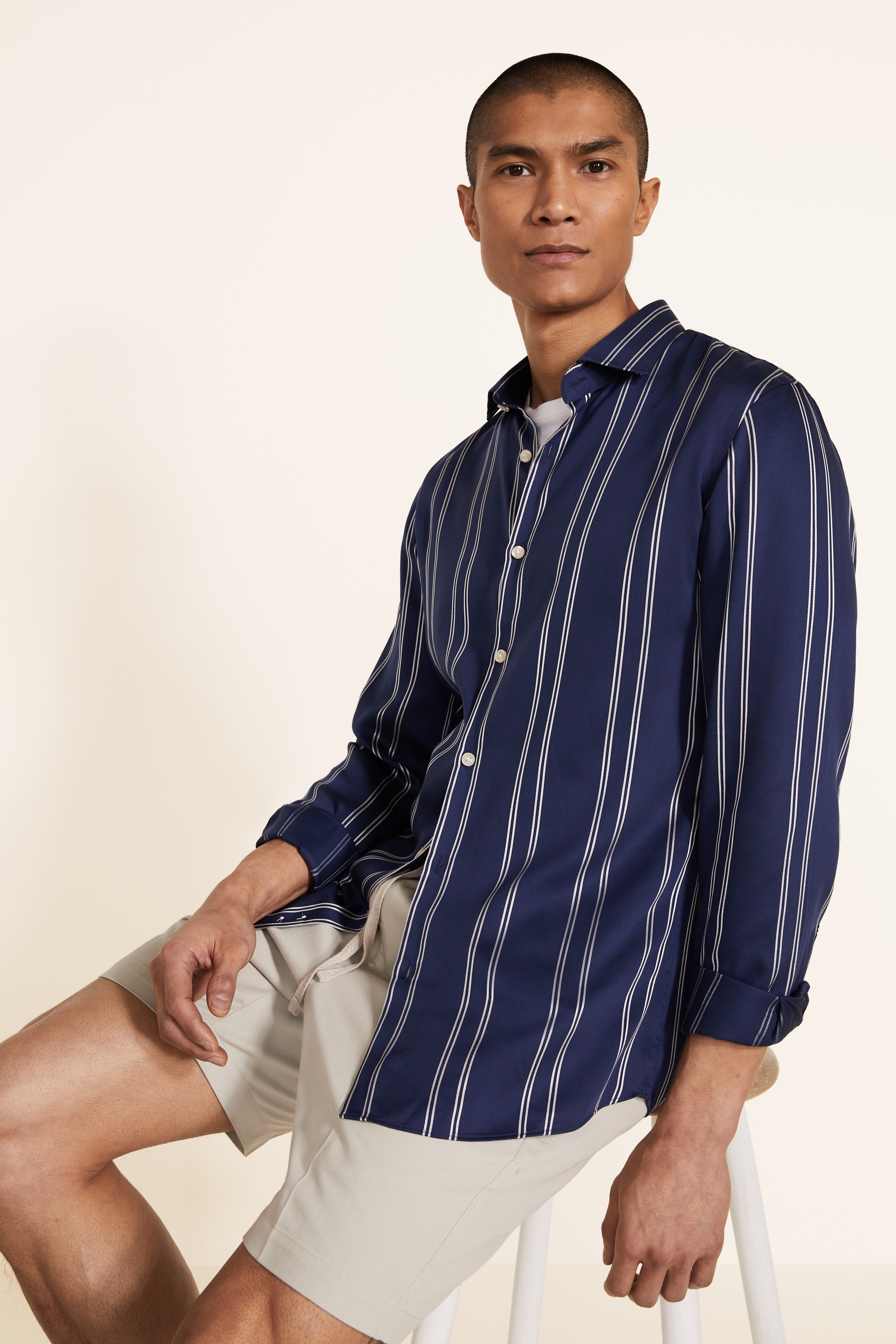 Slim Fit Navy Lyocell Stripe Shirt | Buy Online at Moss