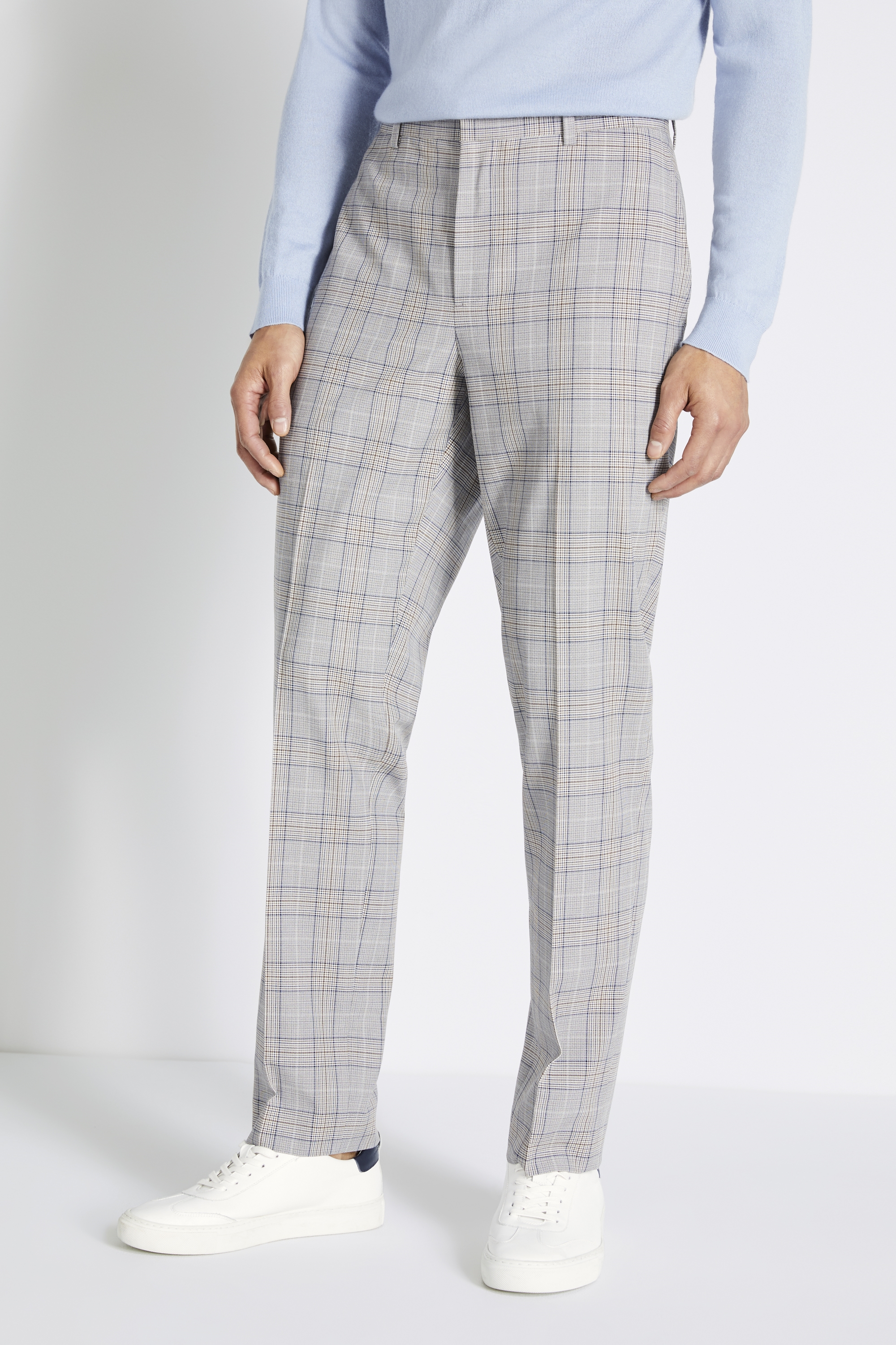 Tailored Fit Grey Navy Brown Check Trousers | Buy Online at Moss