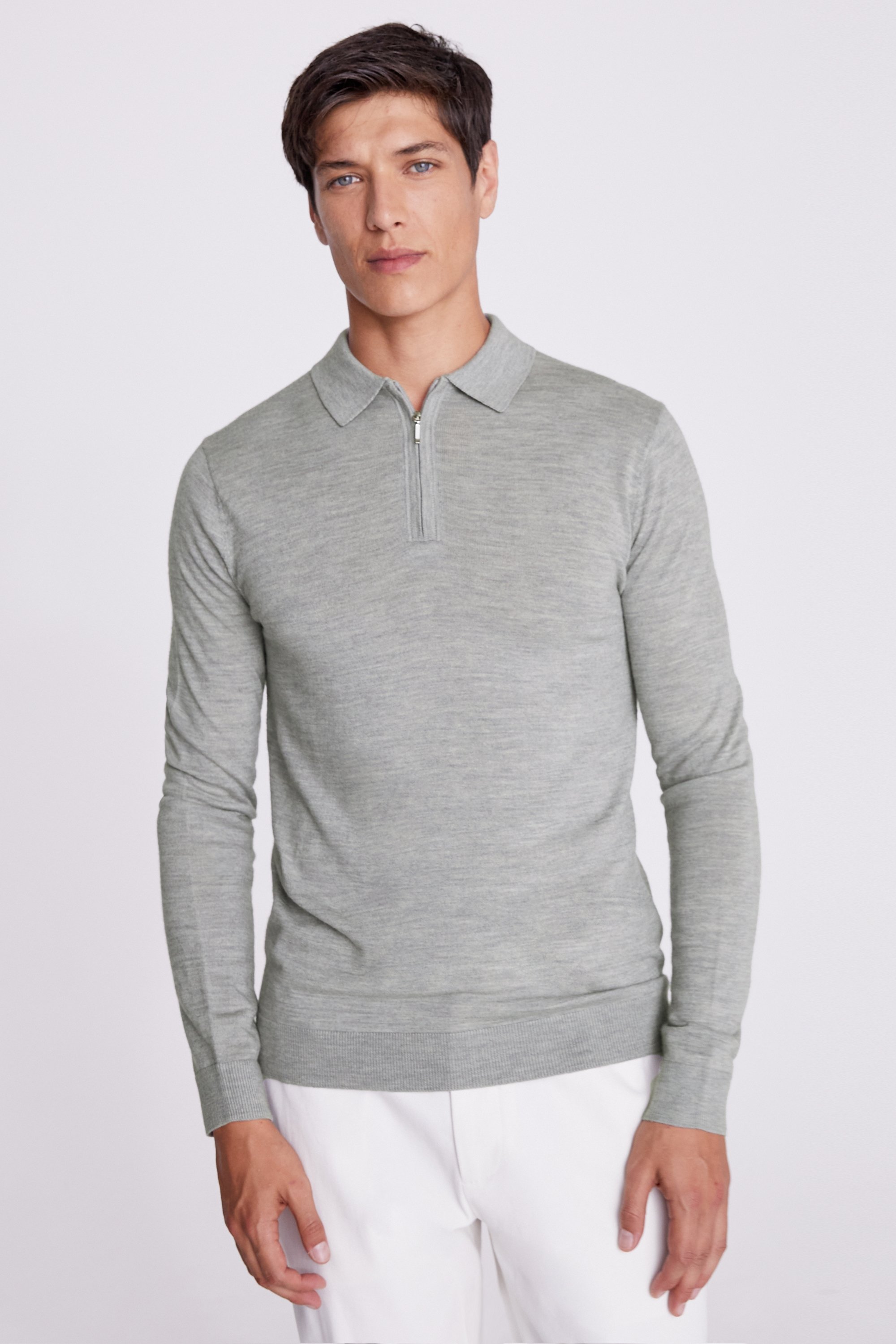 Light Grey Merino-Blend Zip-Neck Polo Shirt