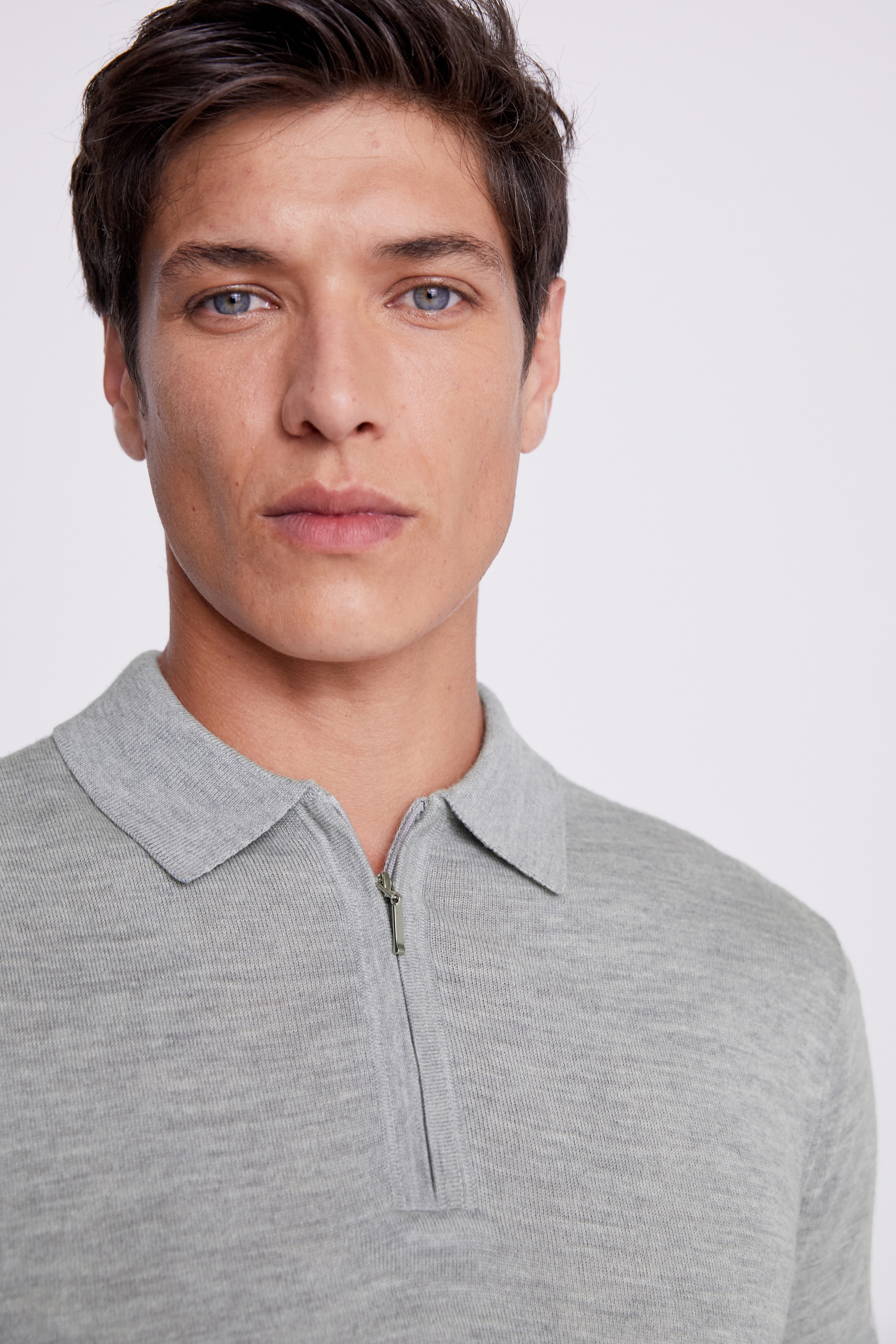 Light Grey Merino Zip-Neck Polo Shirt | Buy Online at Moss