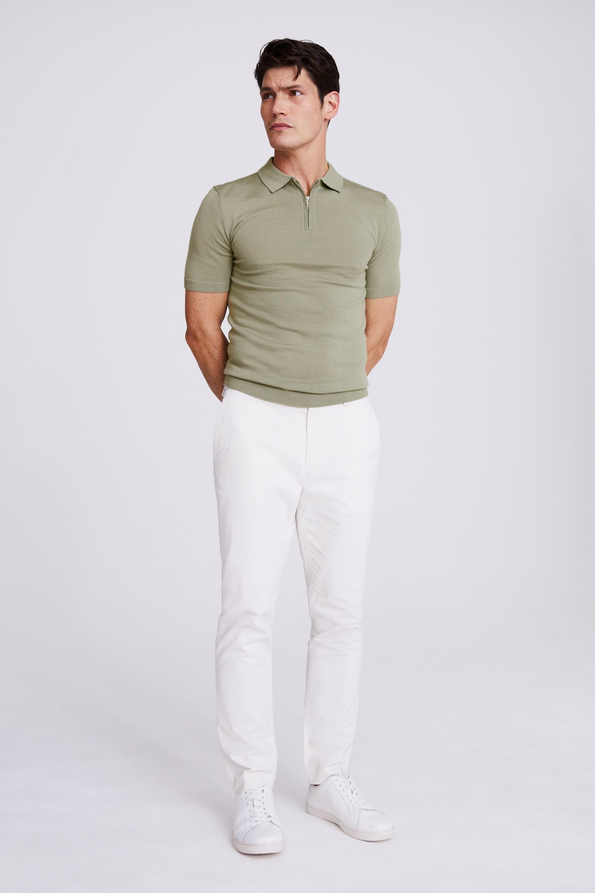 Sage Green Merino Zip-Neck Polo Shirt