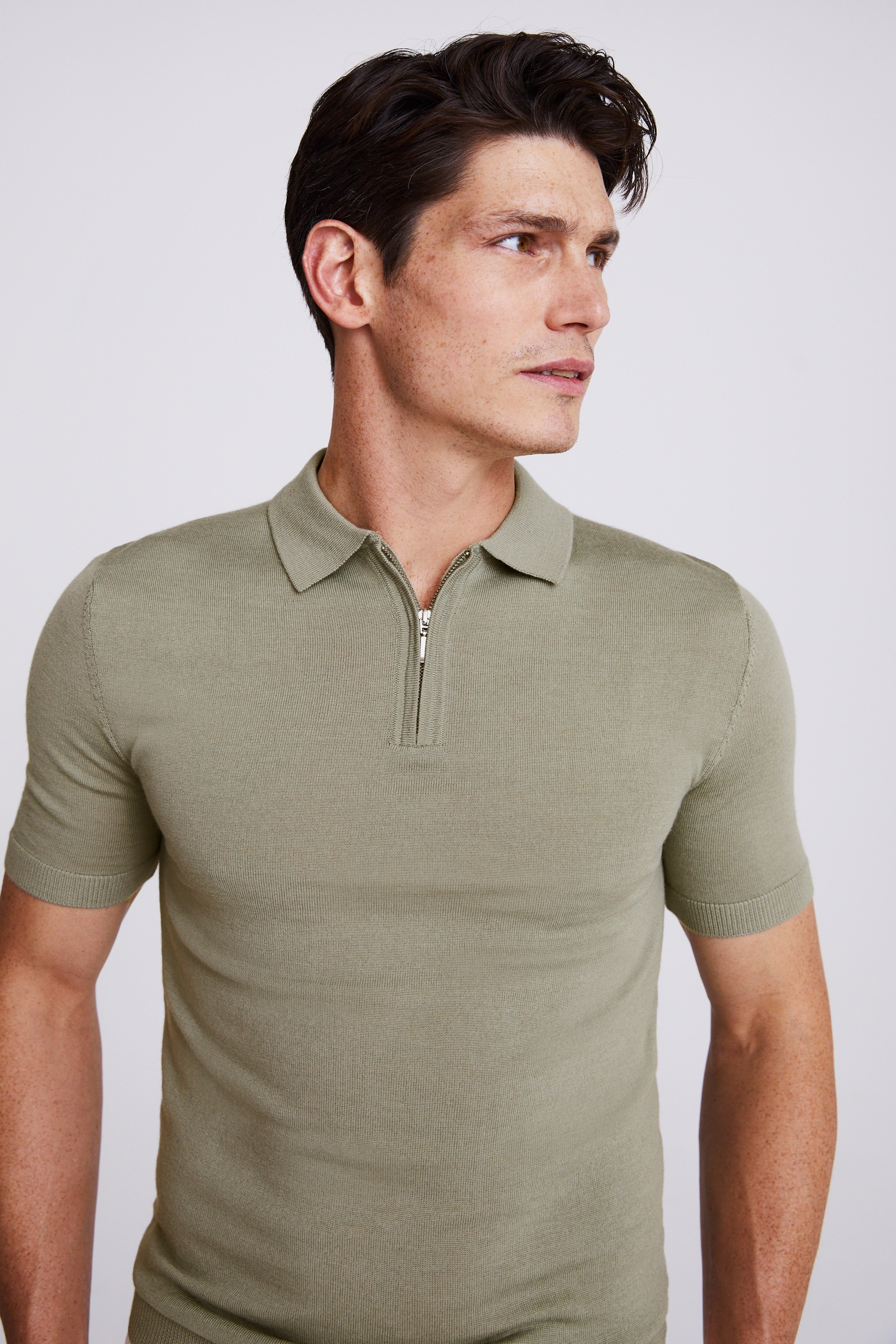 Sage Green Merino Zip-Neck Polo Shirt | Buy Online at Moss