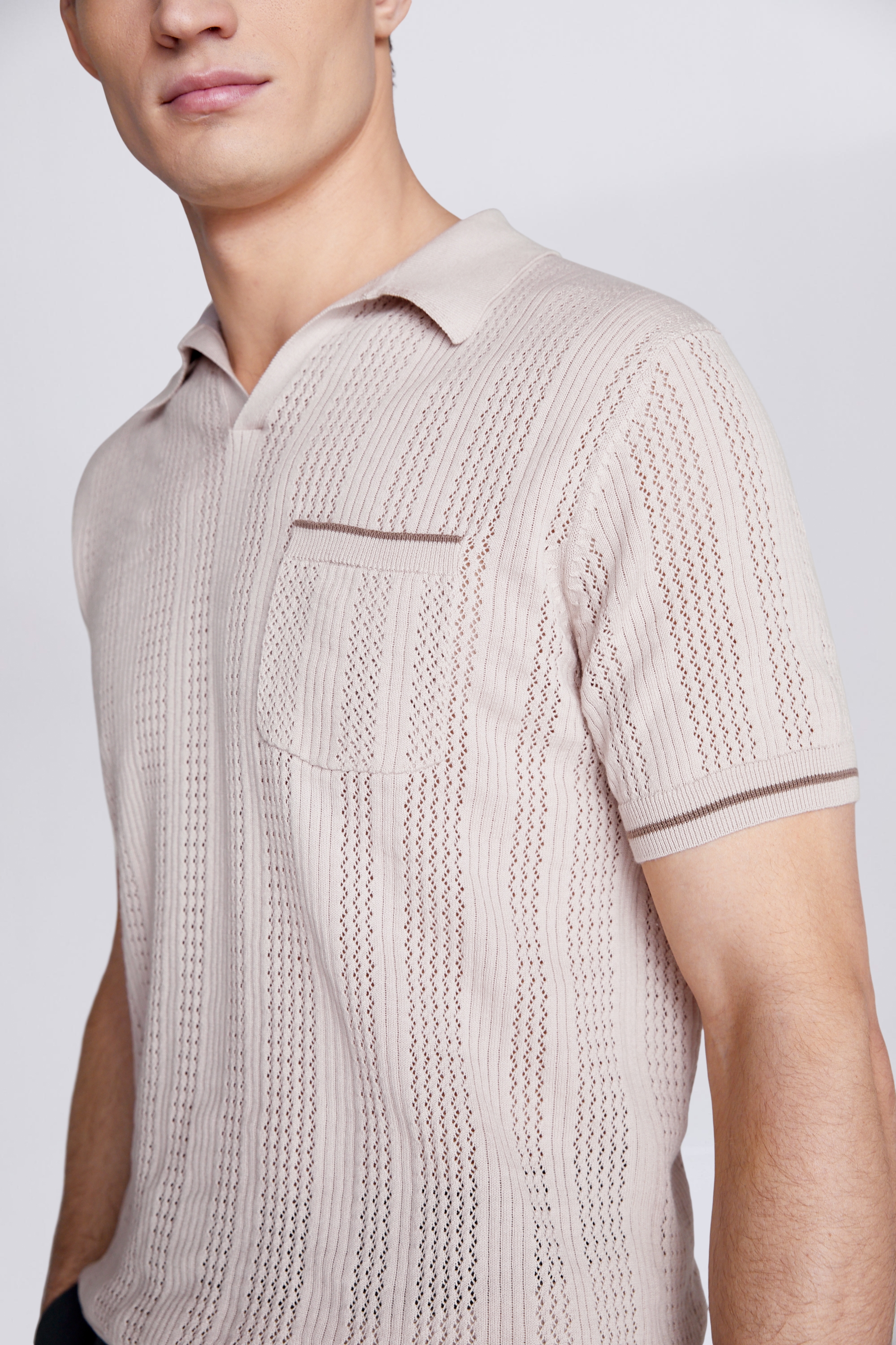 Taupe Cotton Open Knit Skipper Polo | Buy Online at Moss