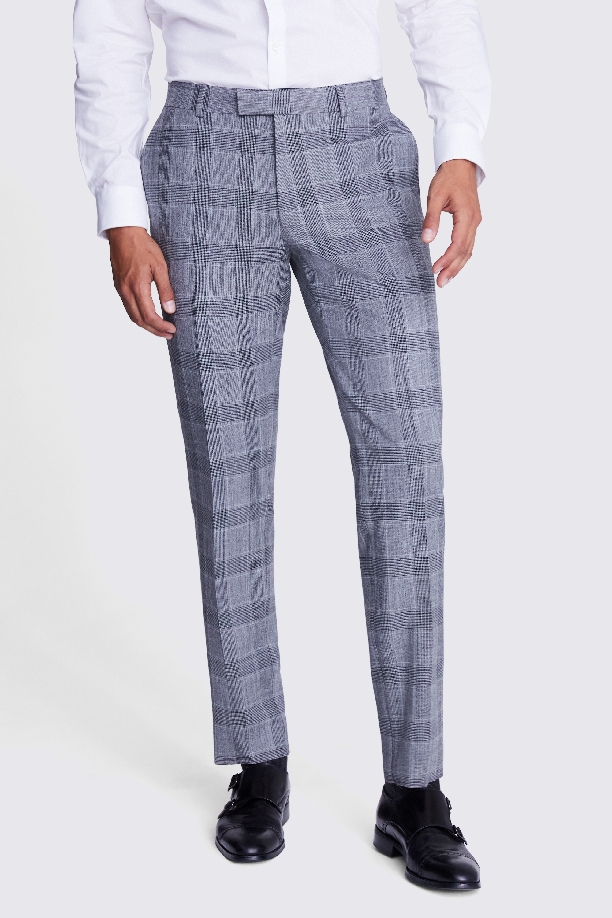 Tailored Fit Light Grey Check Performance Trousers | Buy Online at Moss