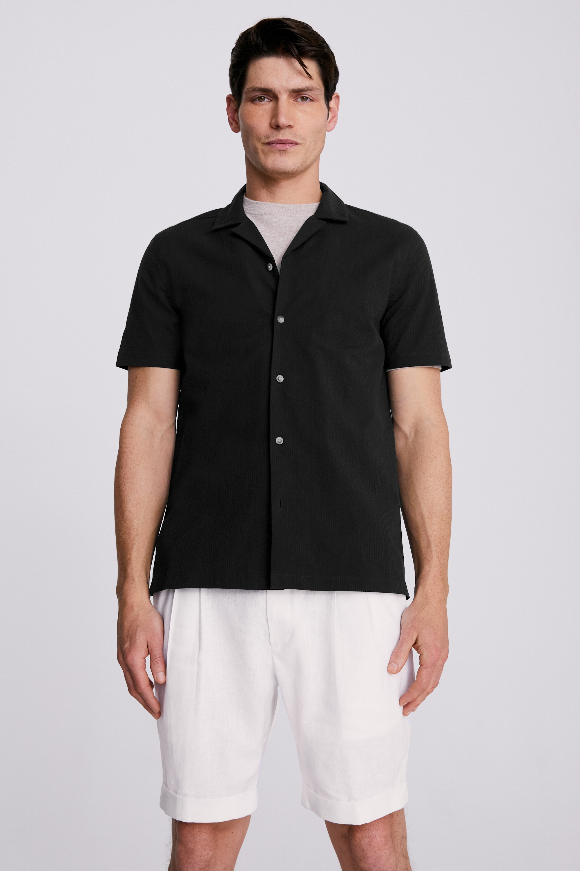 Navy Seersucker Cuban Collar Shirt