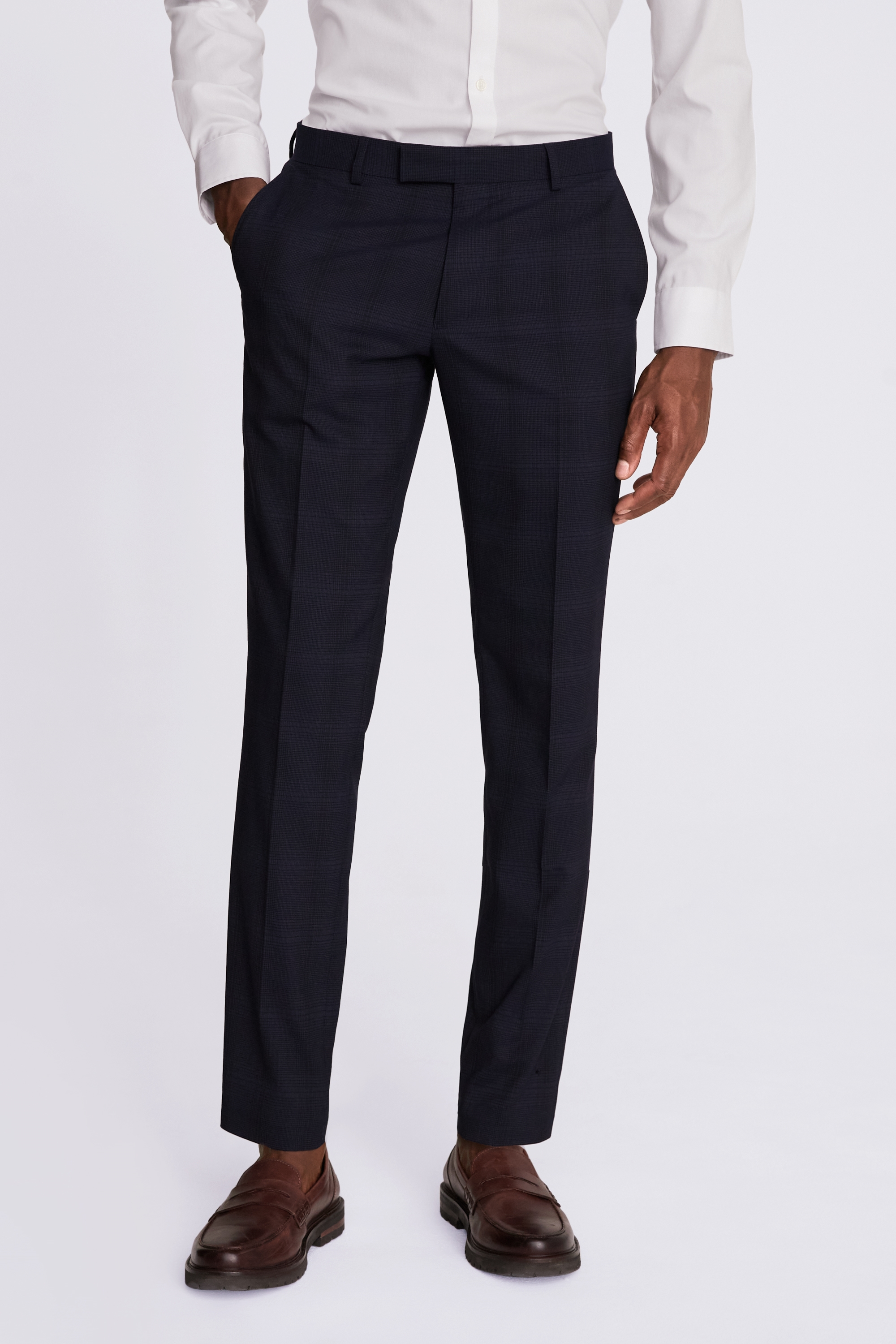Slim Fit Navy Blue Check Trousers | Buy Online at Moss