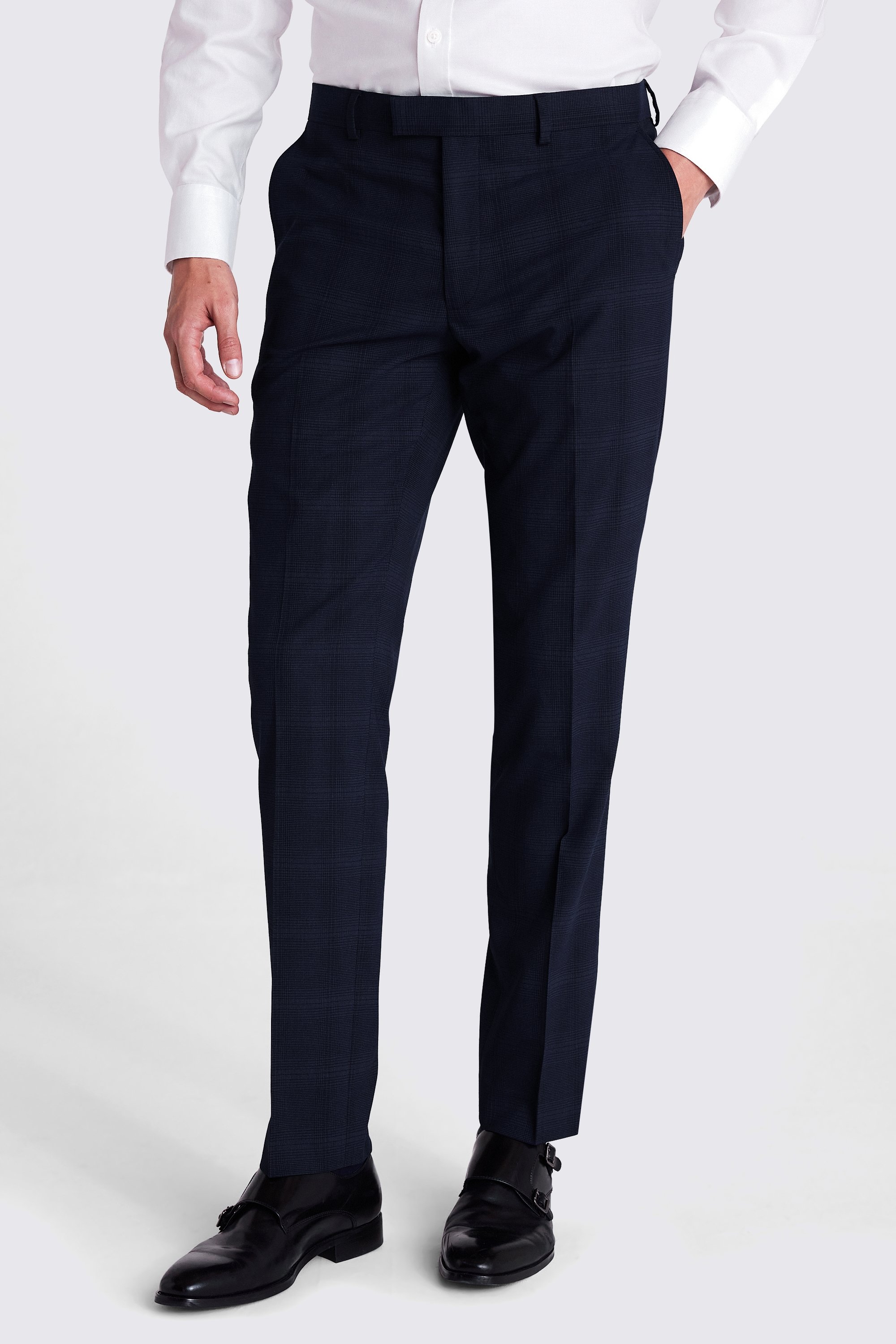 Slim Fit Navy Blue Check Trousers | Buy Online at Moss