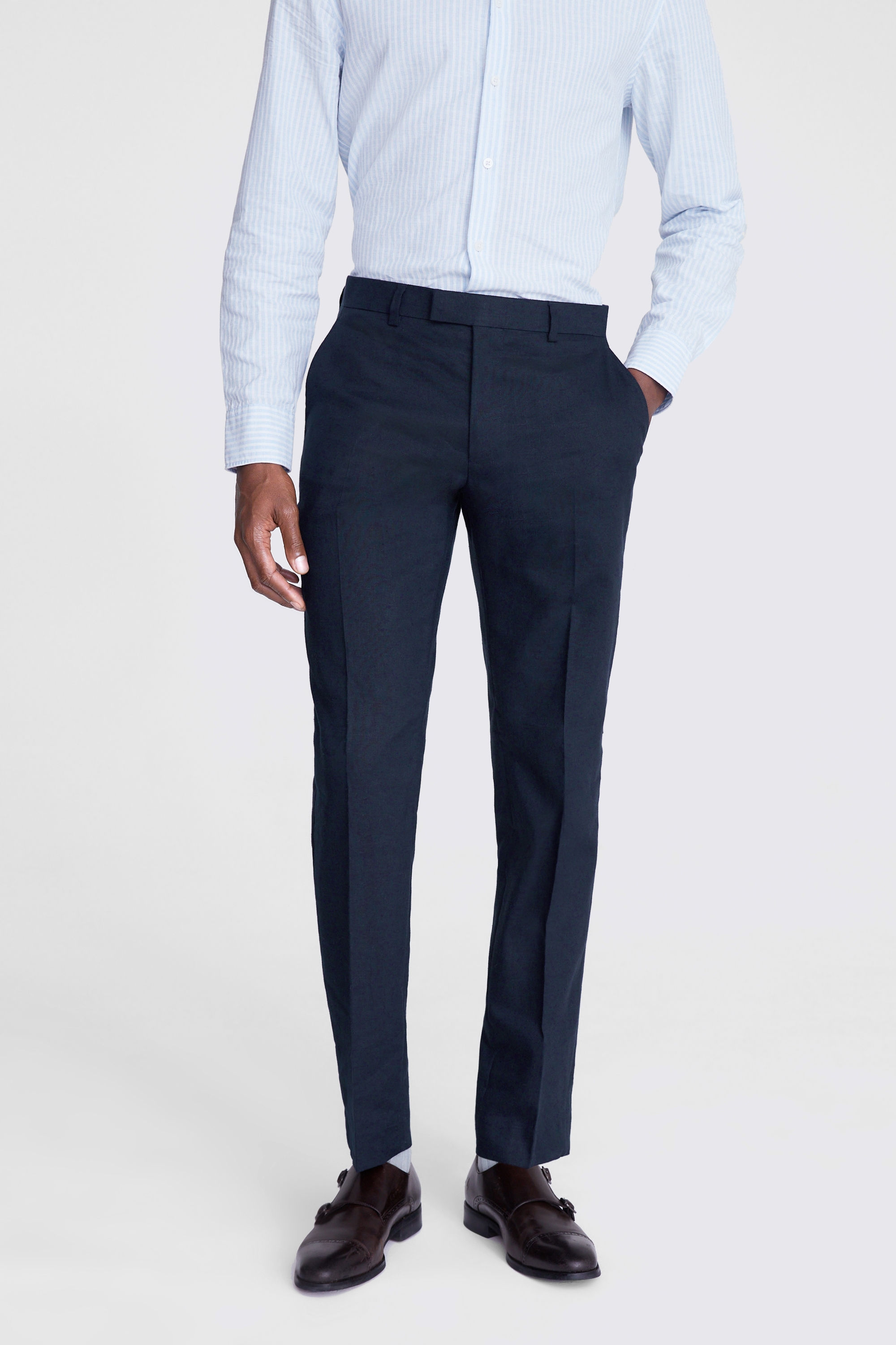 Slim Fit Navy Matte Linen Trousers | Buy Online at Moss