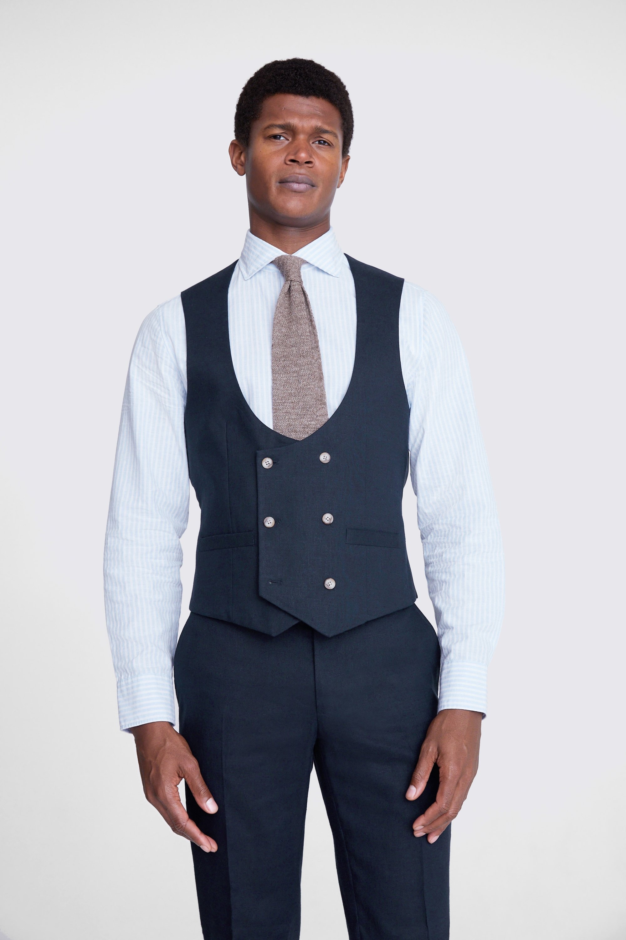 Slim Fit Navy Matt Linen Waistcoat