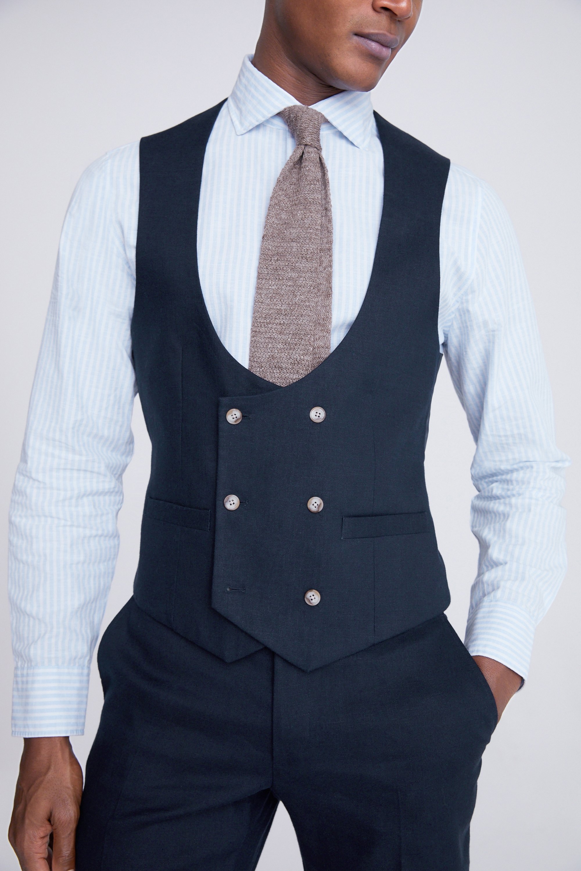 Slim Fit Navy Matte Linen Vest