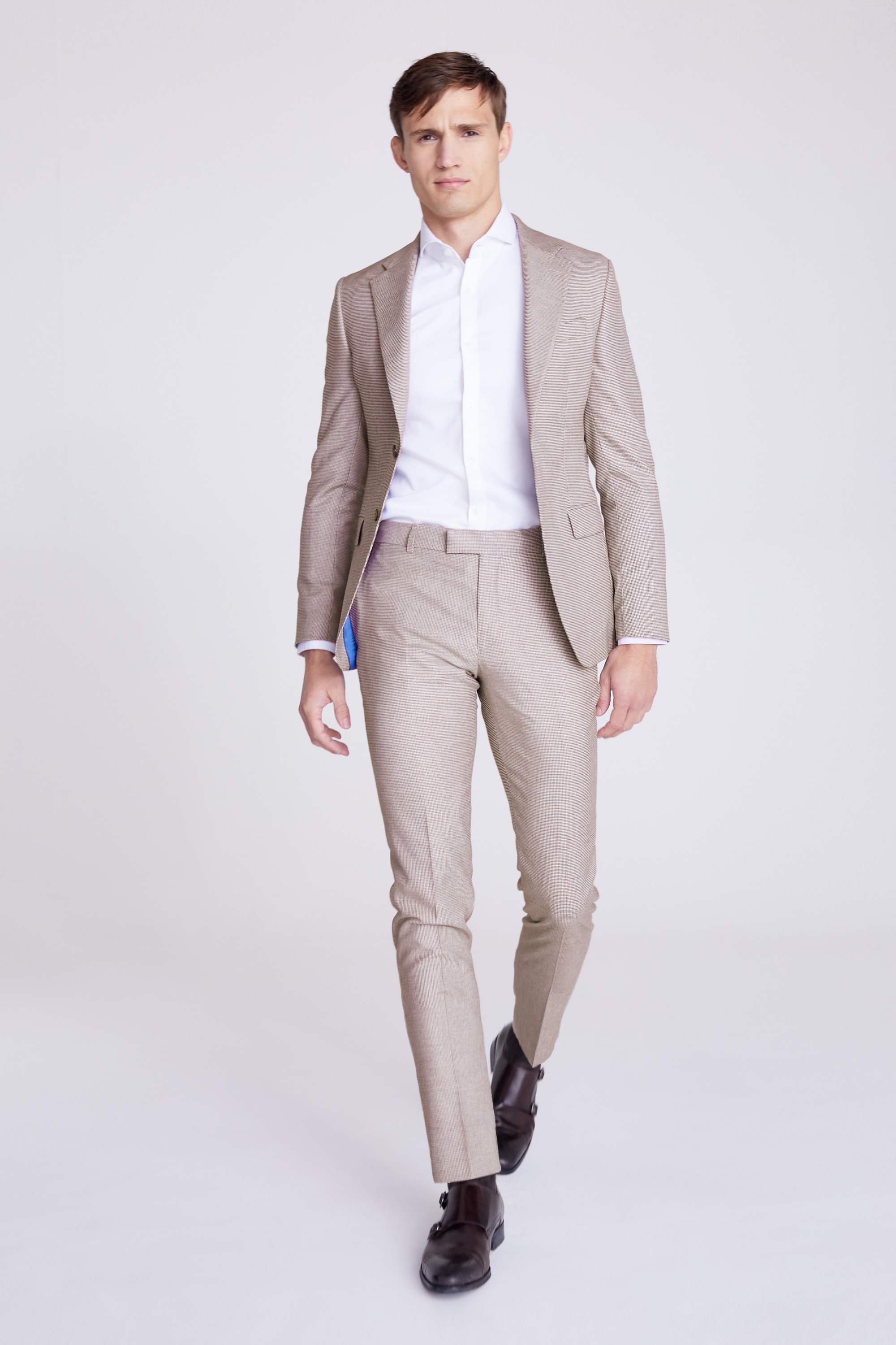 Italian Slim Fit Taupe Puppytooth Jacket | Buy Online at Moss