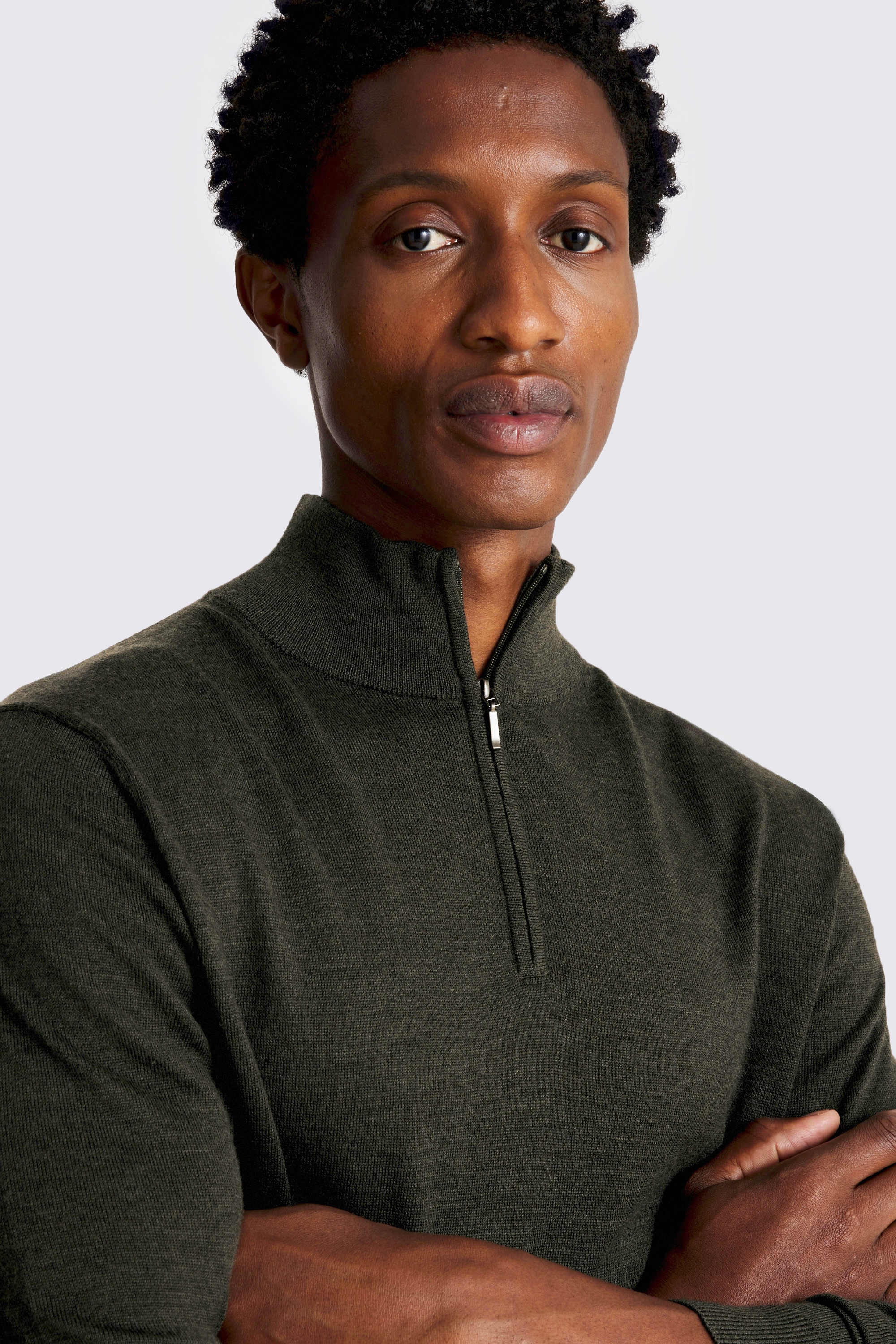 Khaki Merino Zip-Neck Jumper