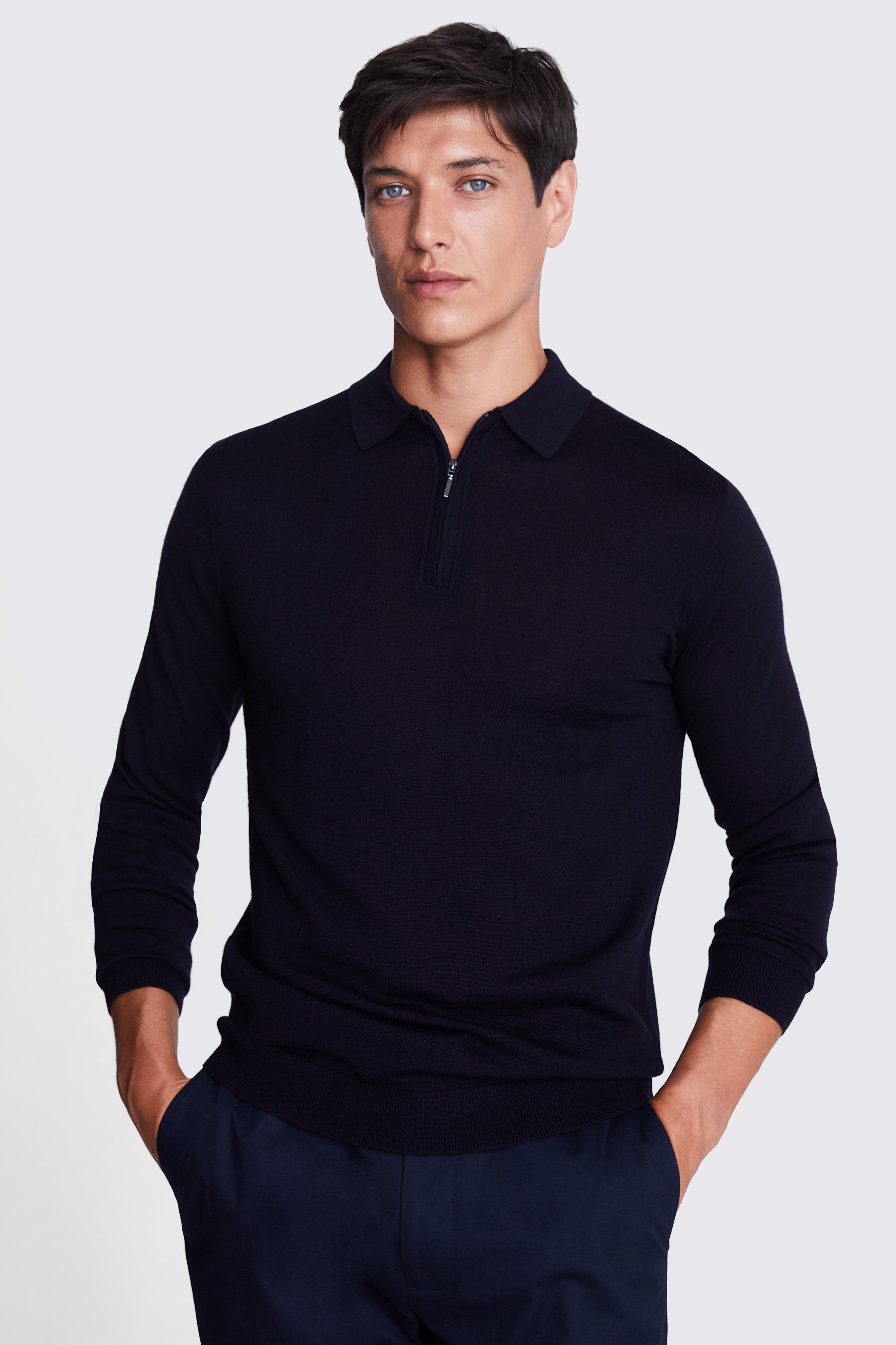 Navy Merino Zip-Neck Polo Shirt | Buy Online at Moss