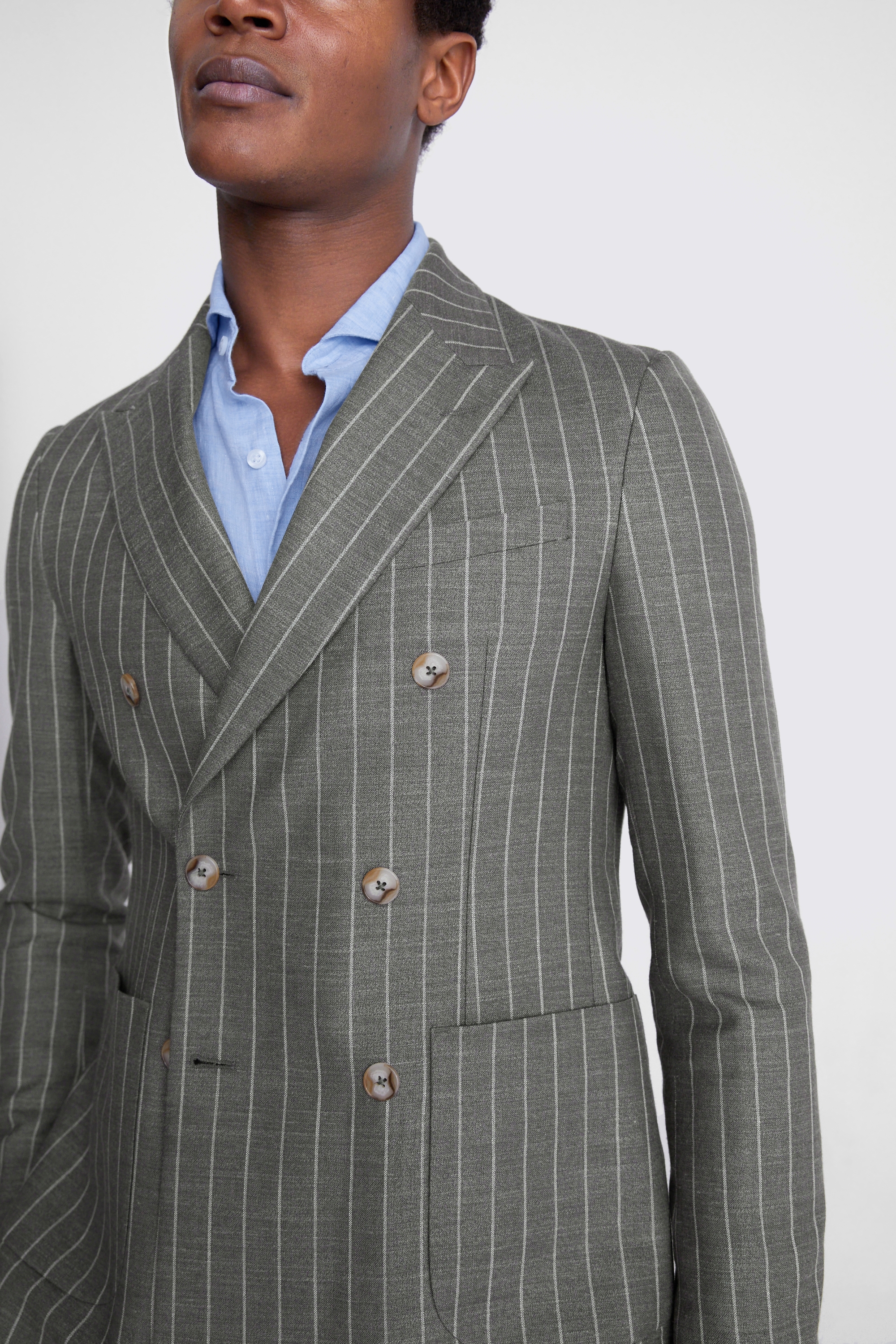 Italian Slim Fit Green Stripe Double Breasted Jacket