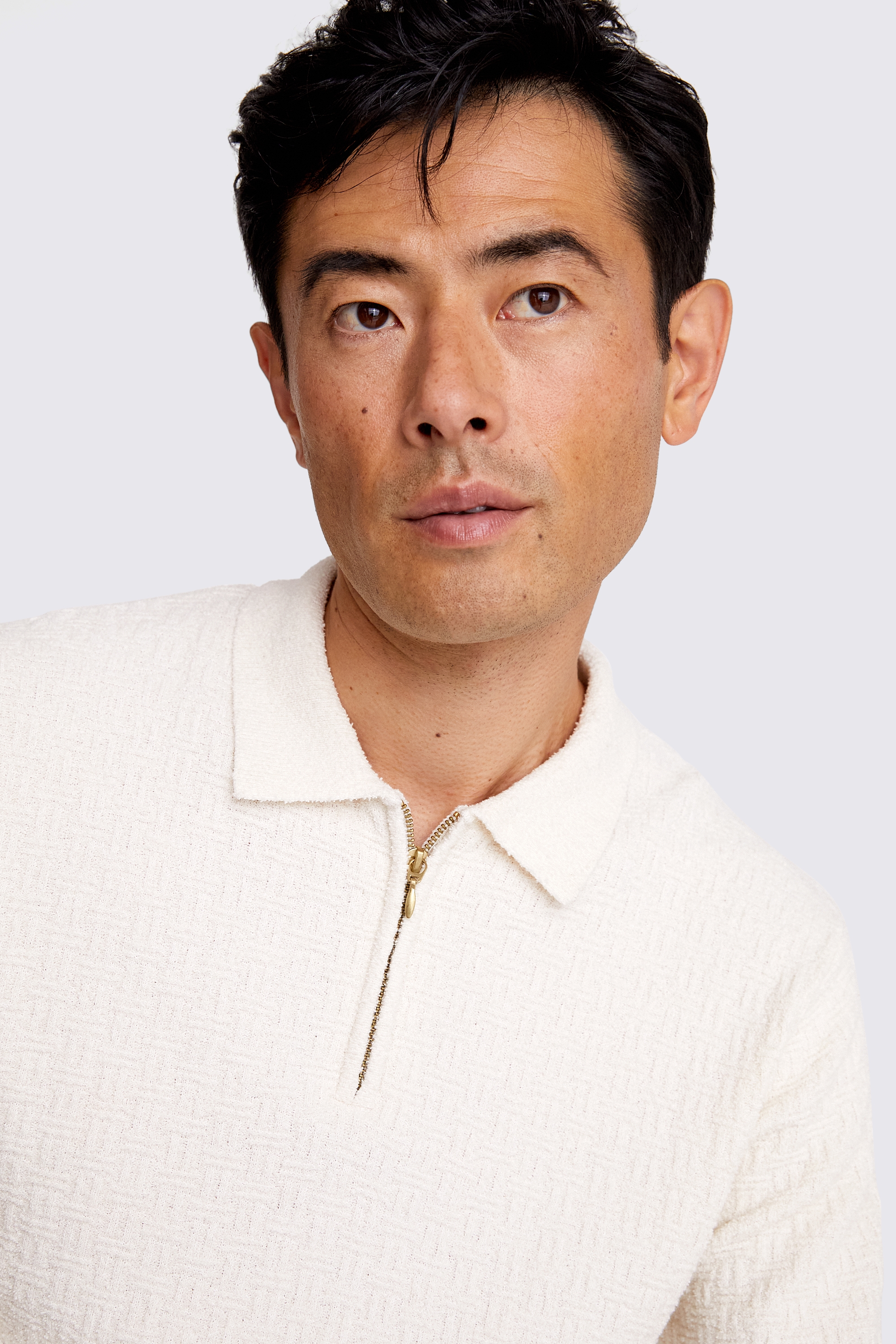 Ecru Bouclé Basket Weave Zip Polo
