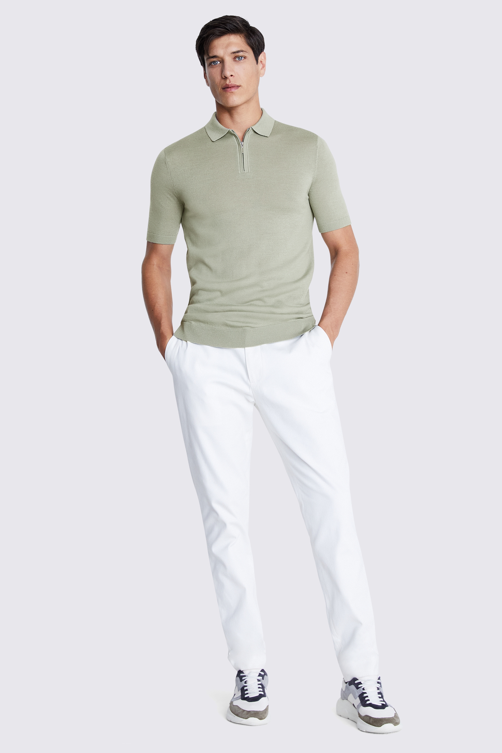 Sage Green Merino Quarter Zip Polo Shirt | Buy Online at Moss