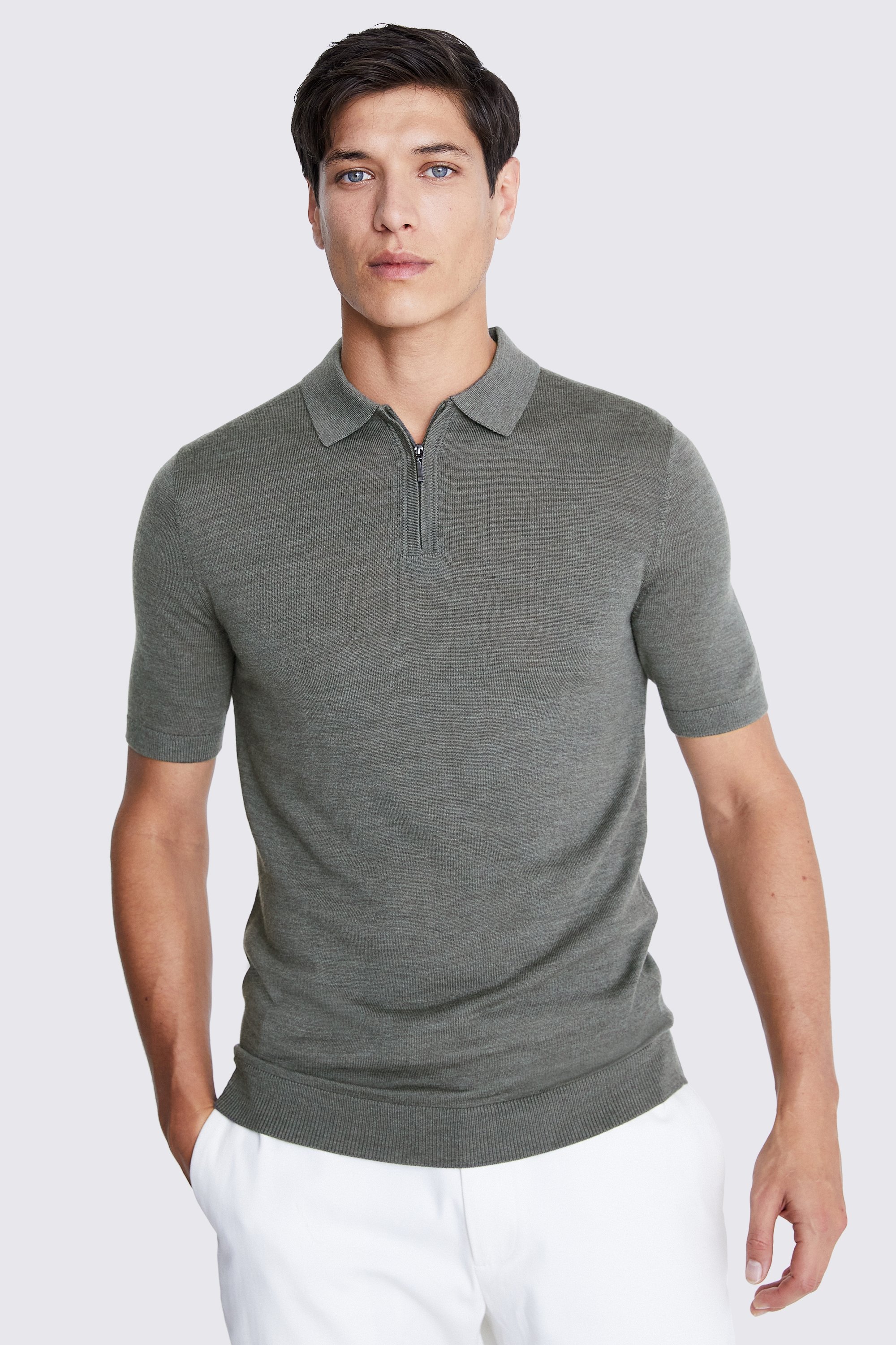 Khaki Green Merino Quarter Zip Polo Shirt