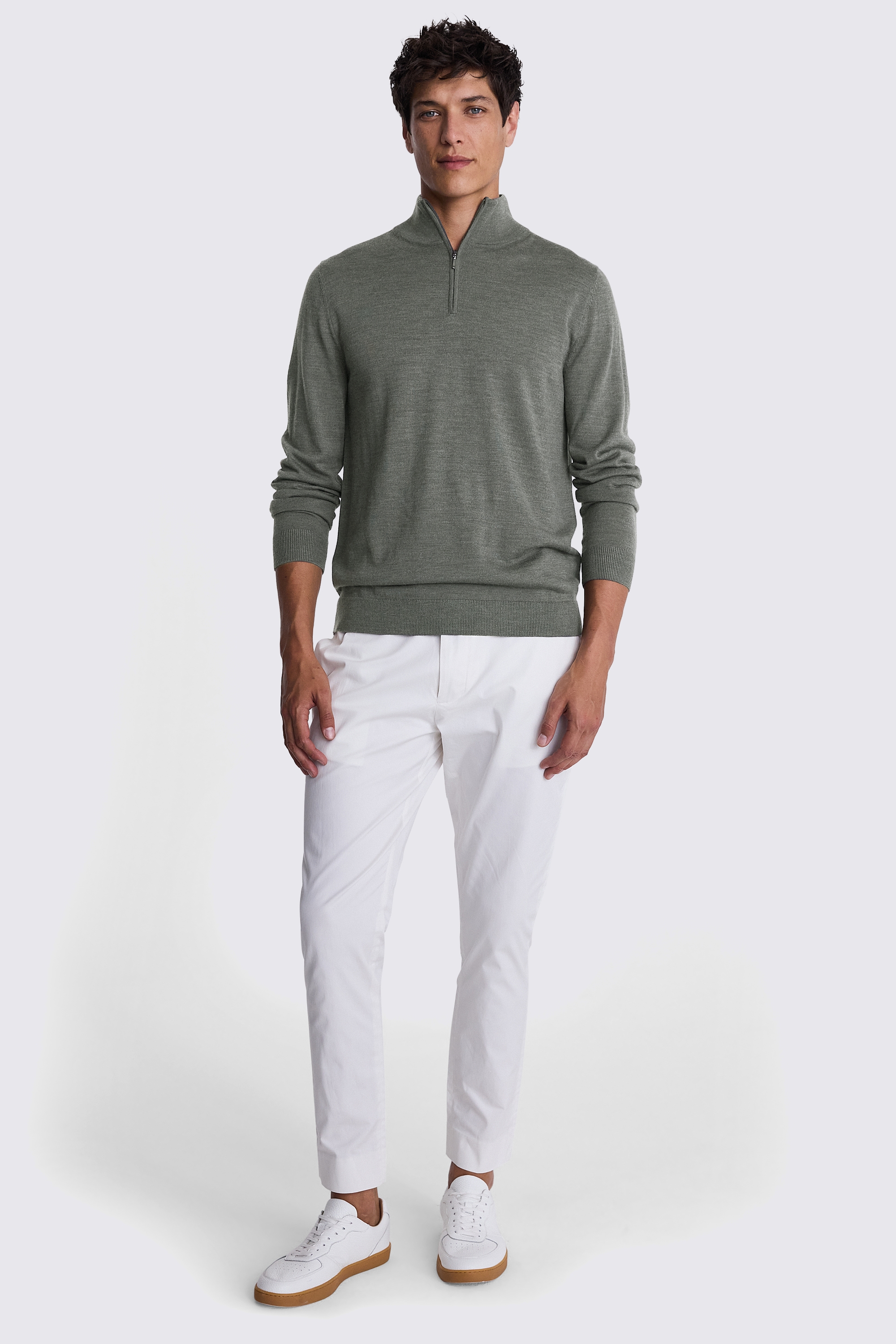 Khaki Merino Zip-Neck Jumper