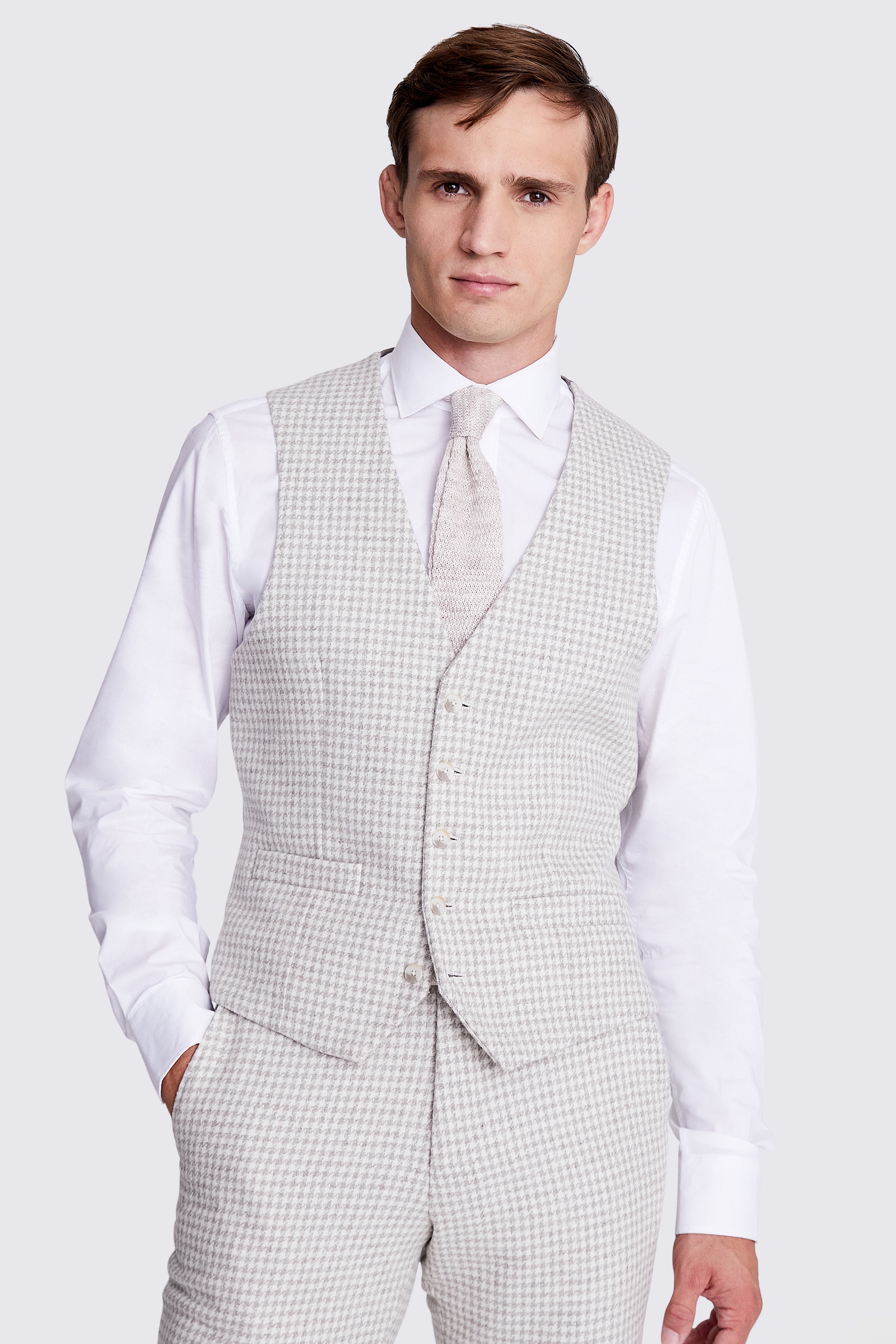 Tailored Fit Stone Houndstooth Tweed Waistcoat | Buy Online at Moss