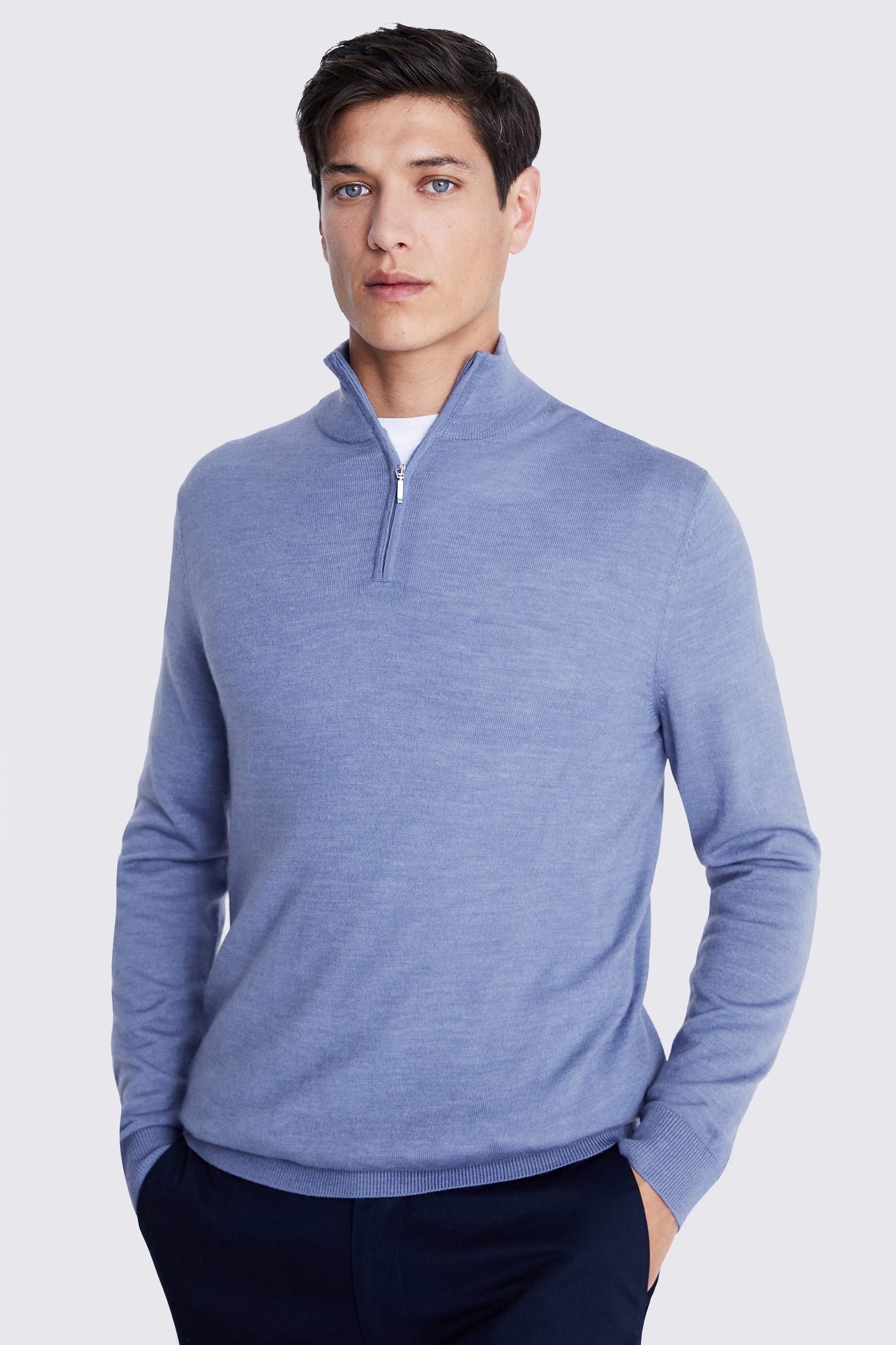 Cornflower Blue Merino Zip-Neck Jumper