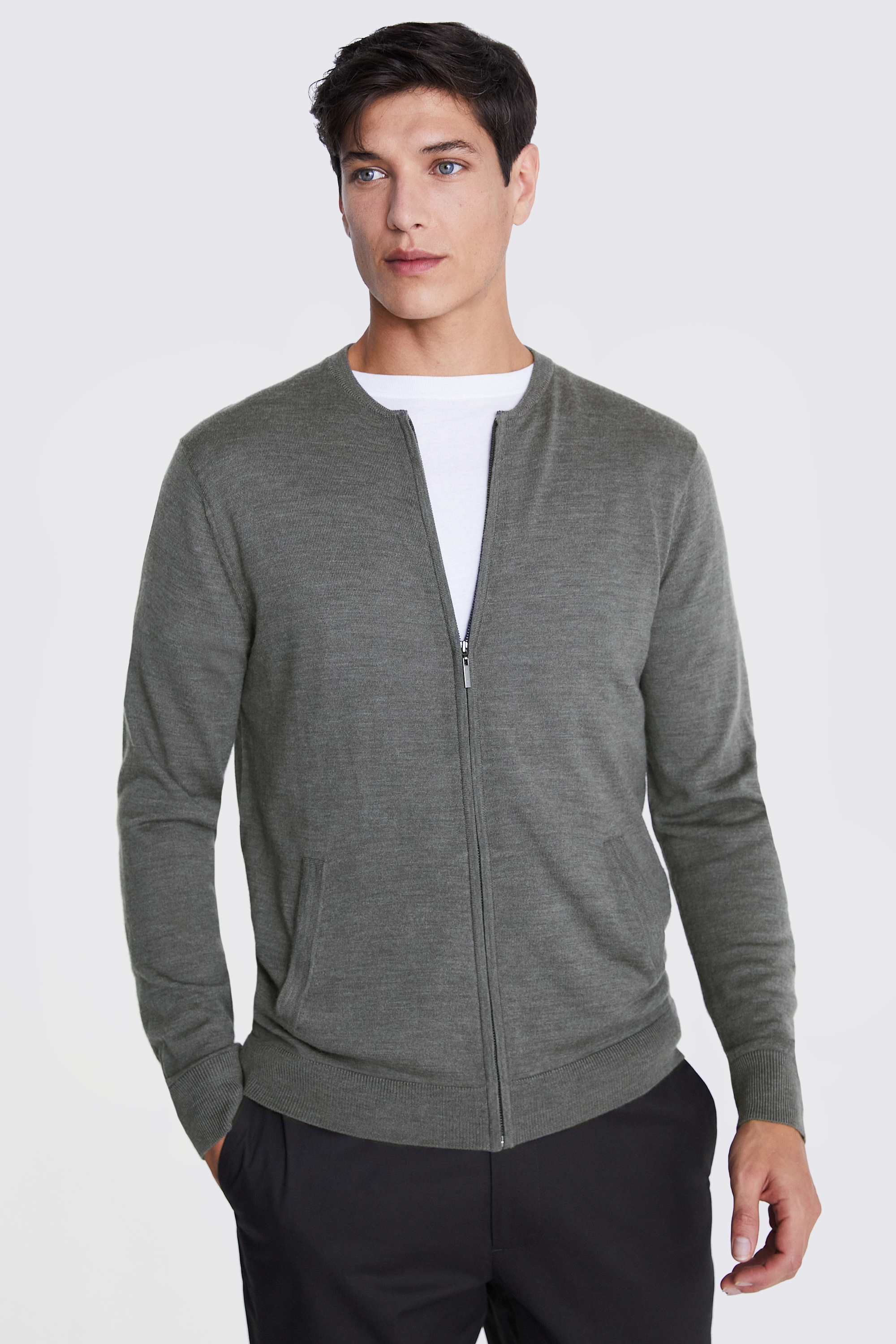 Khaki Milano Knit Zip-Through Cardigan