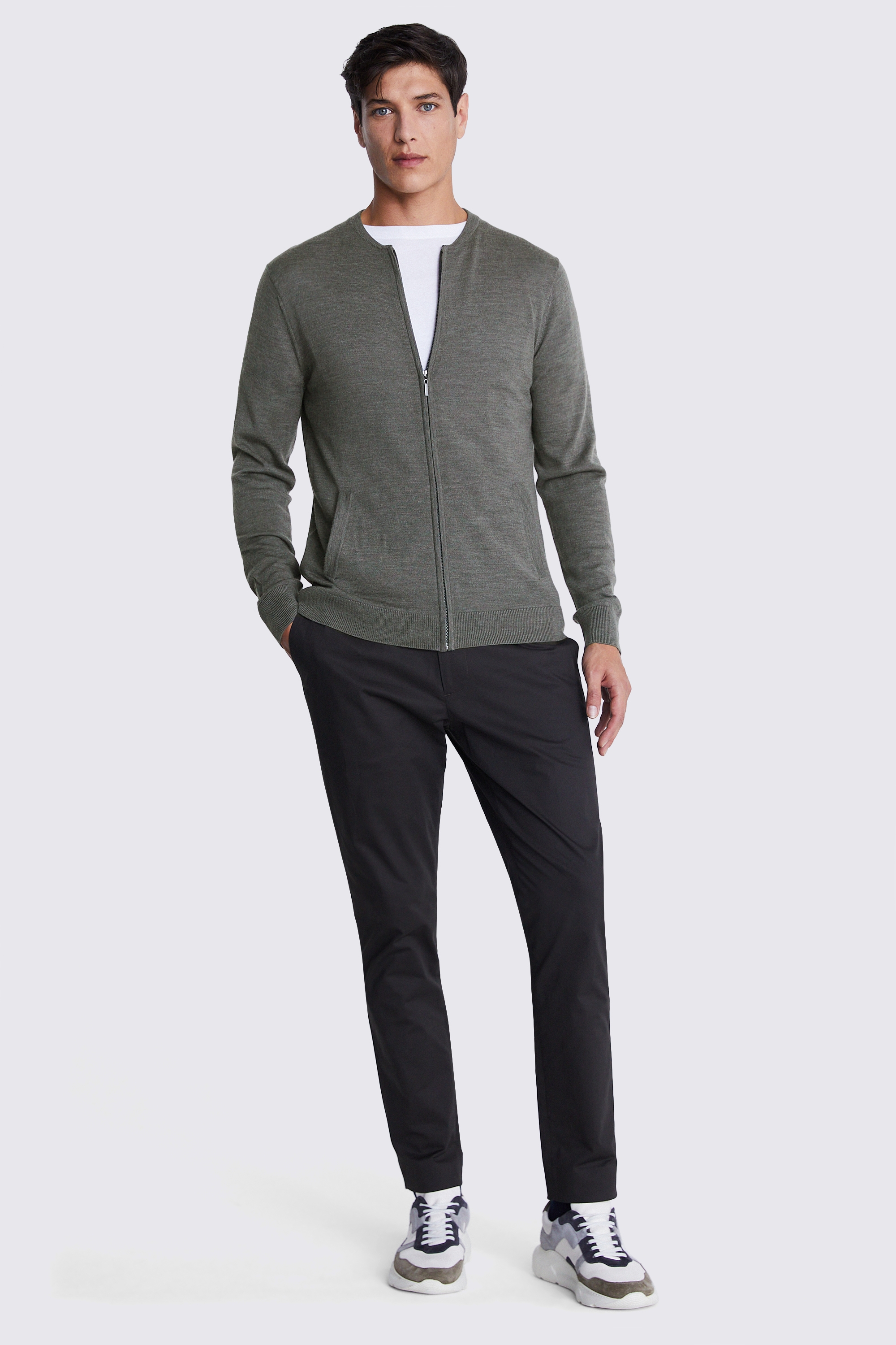 Khaki Milano Knit Zip-Through Cardigan