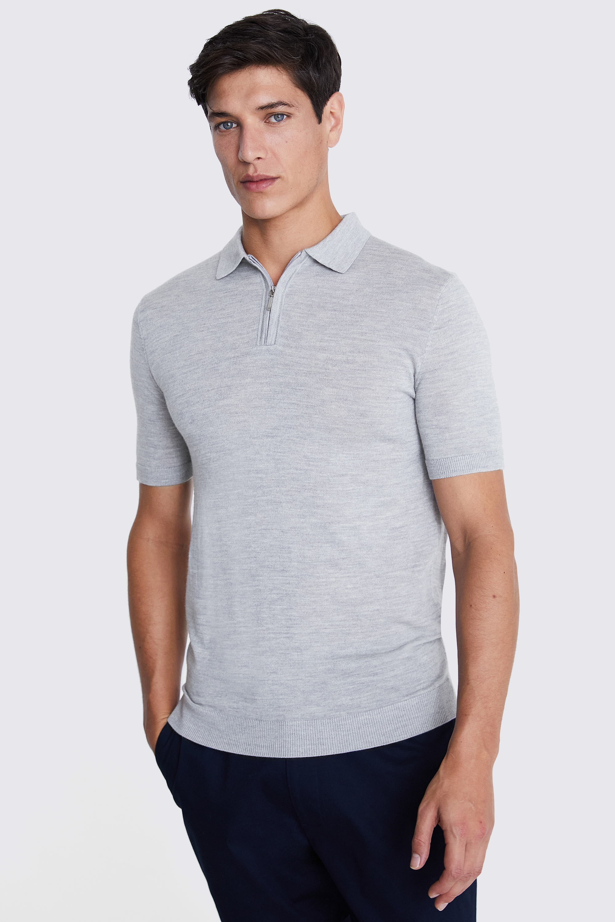 Light Grey Merino Quarter Zip Polo Shirt | Buy Online at Moss