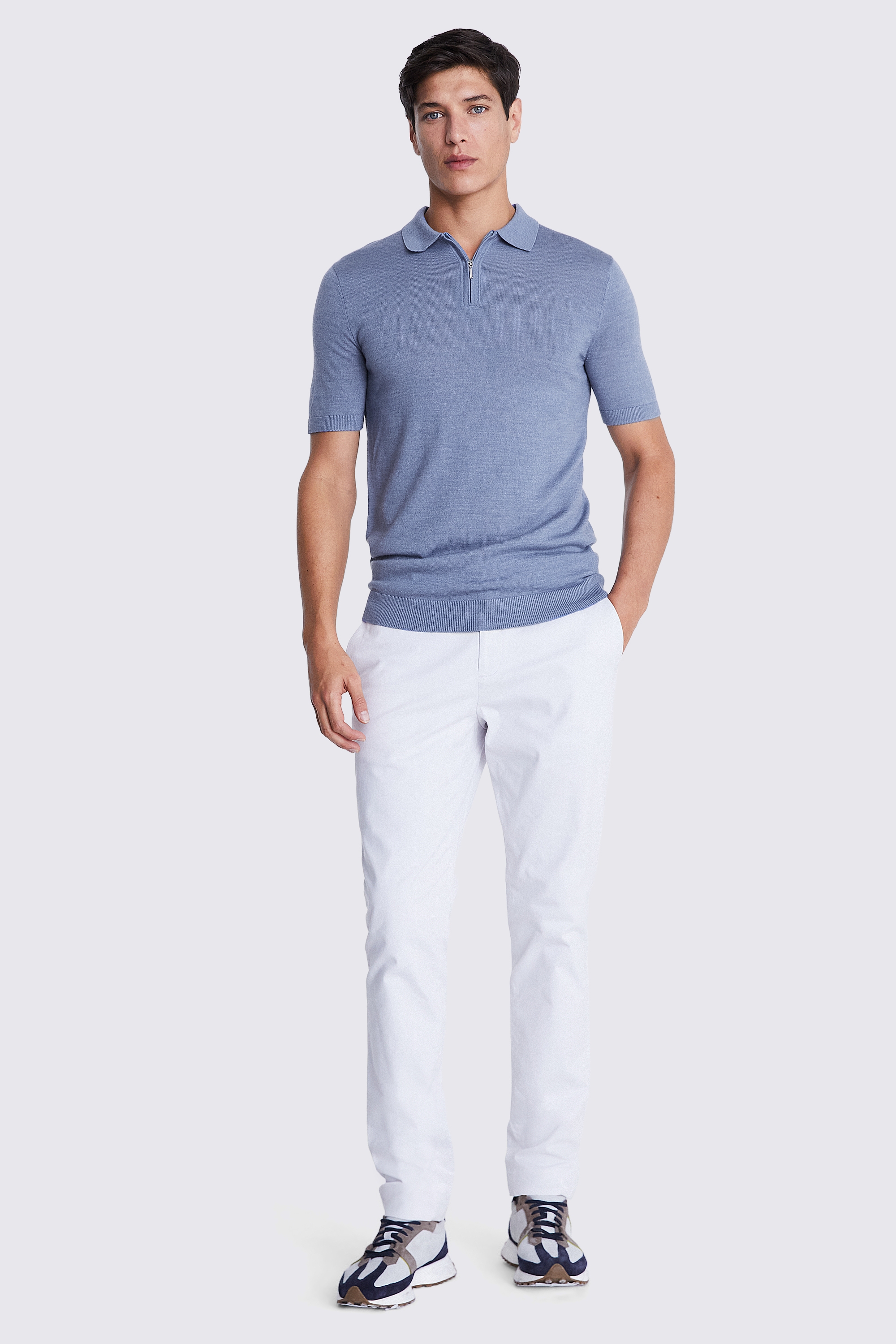 Cornflower Blue Merino Quarter Zip Polo Shirt