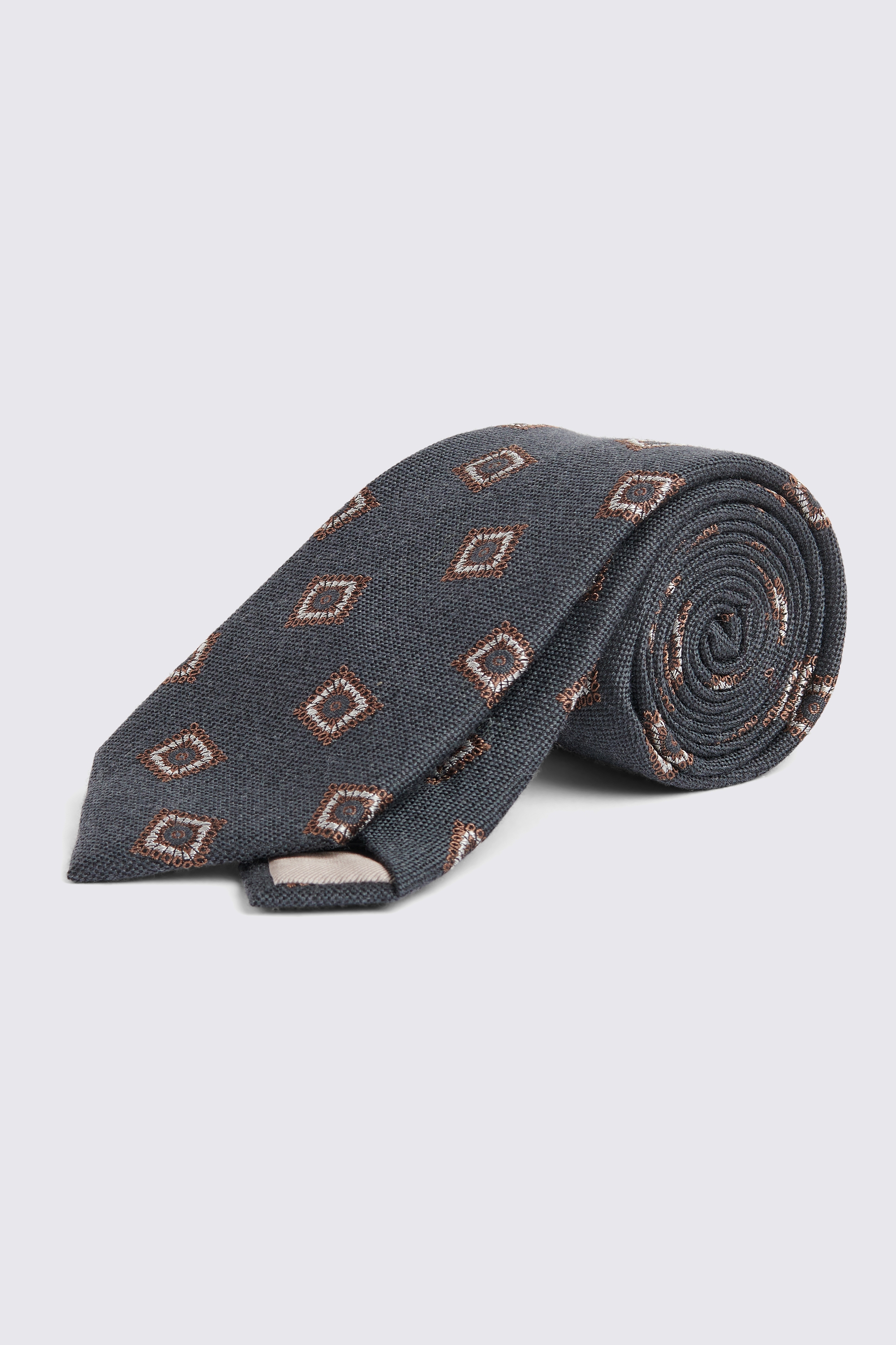 Grey & Chocolate Medallion Silk Wool Blend Tie | Buy Online at Moss