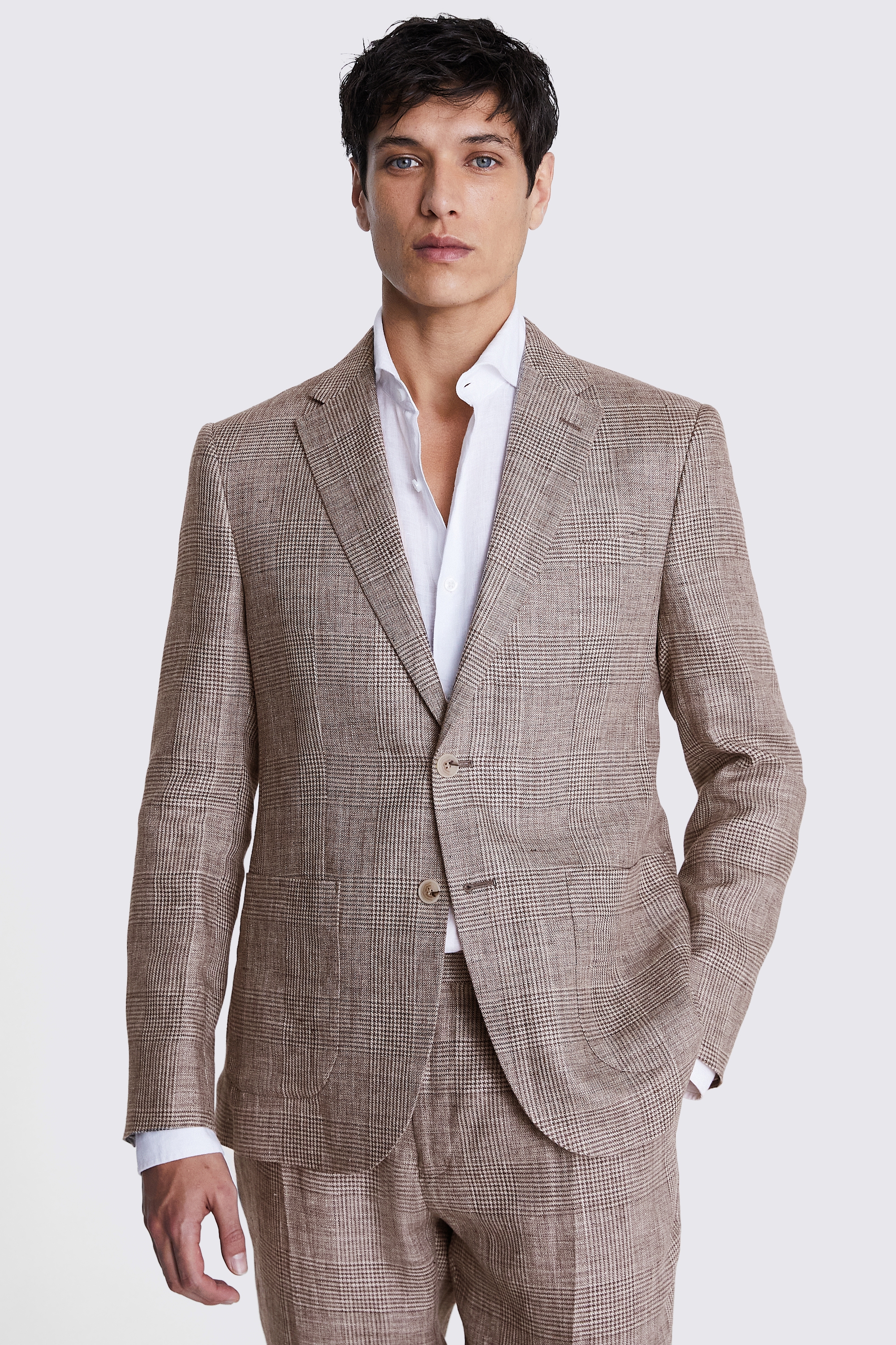 Slim Fit Brown Check Linen Jacket