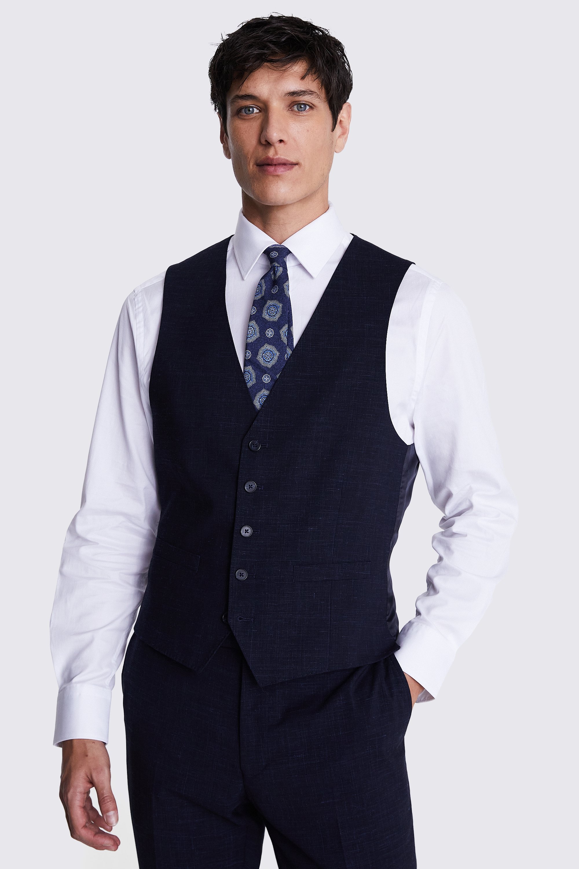 Italian Slim Fit Navy Check Waistcoat