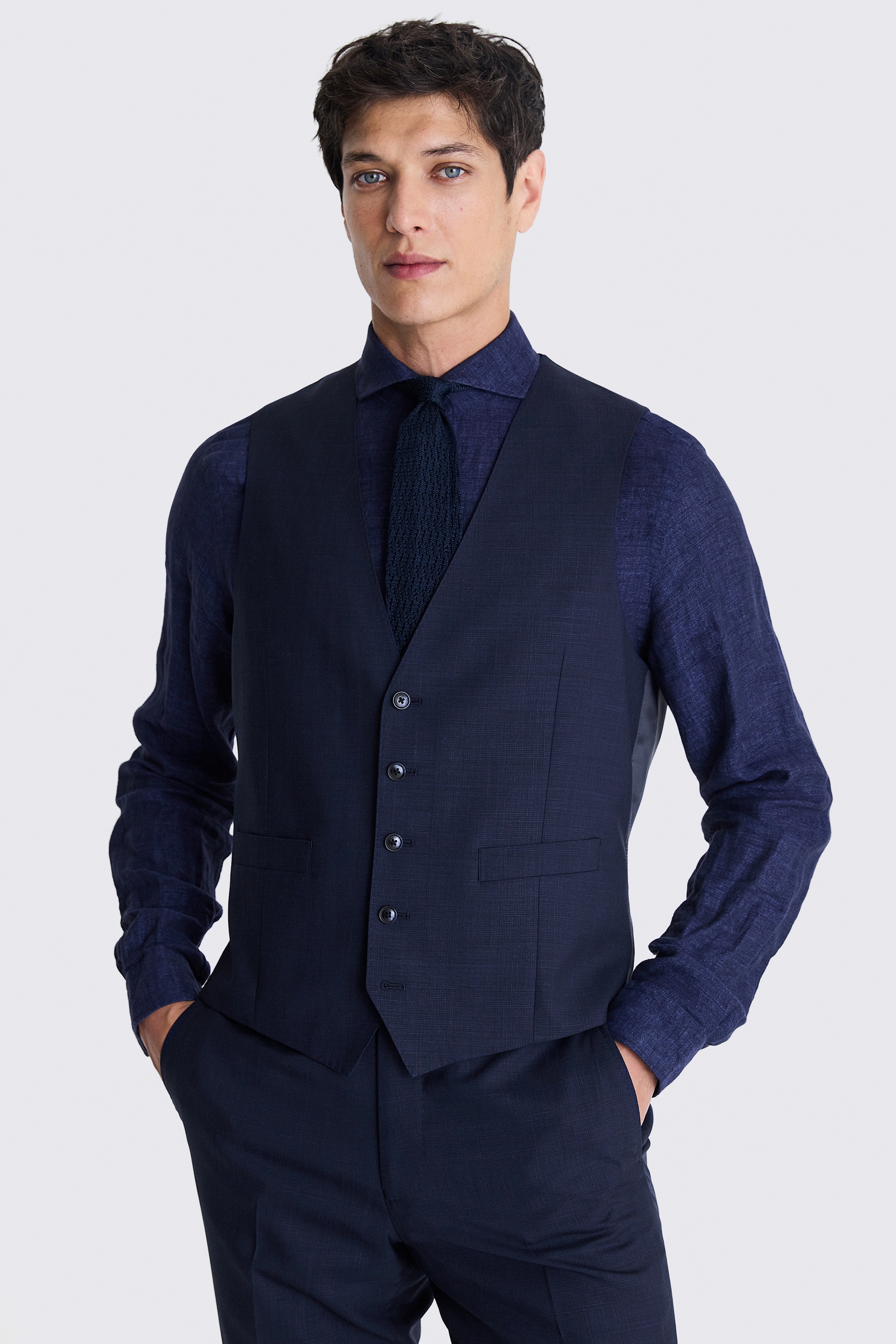 Italian Tailored Fit Navy Check Waistcoat