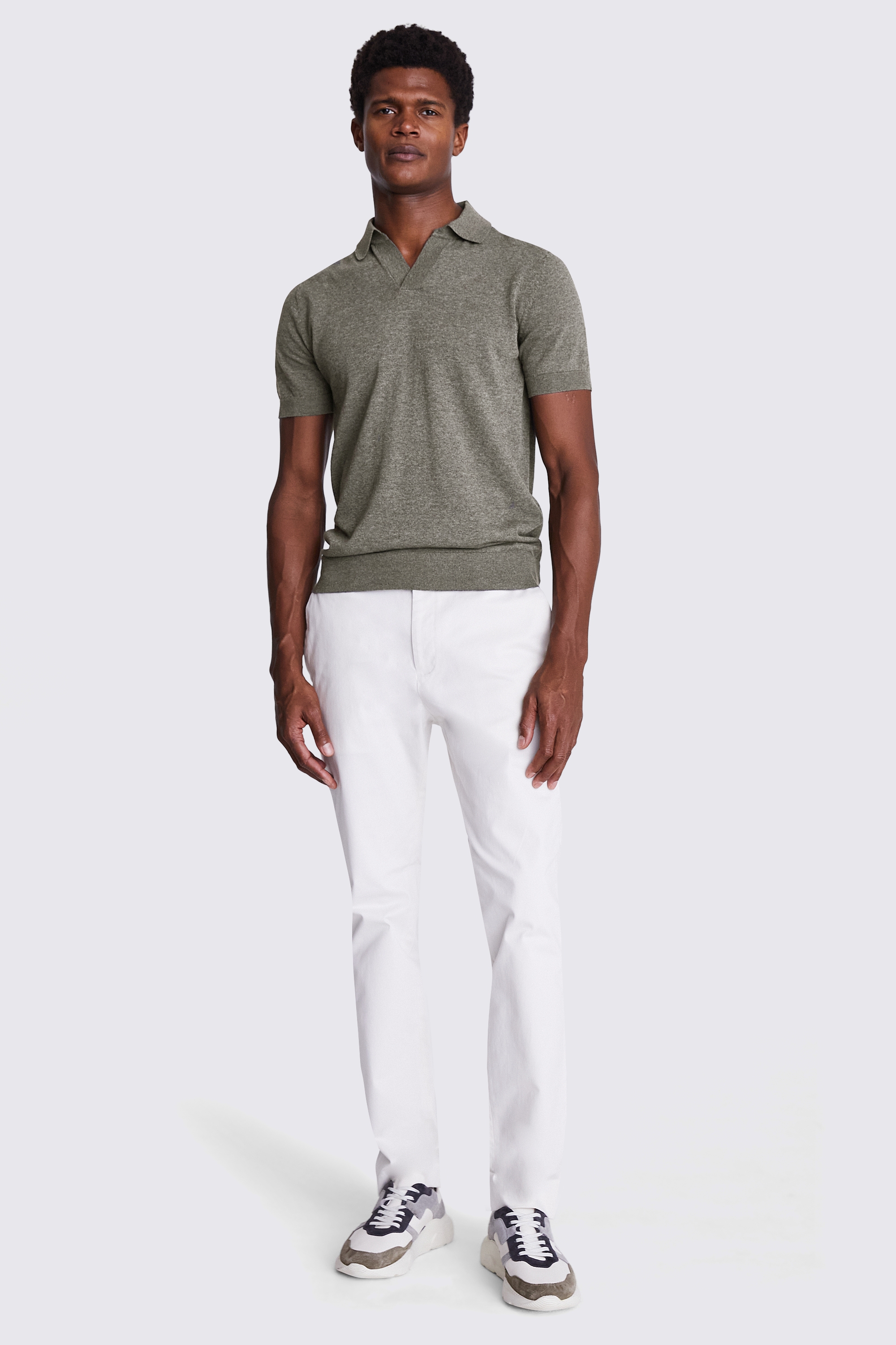 Linen Blend Khaki Skipper Polo