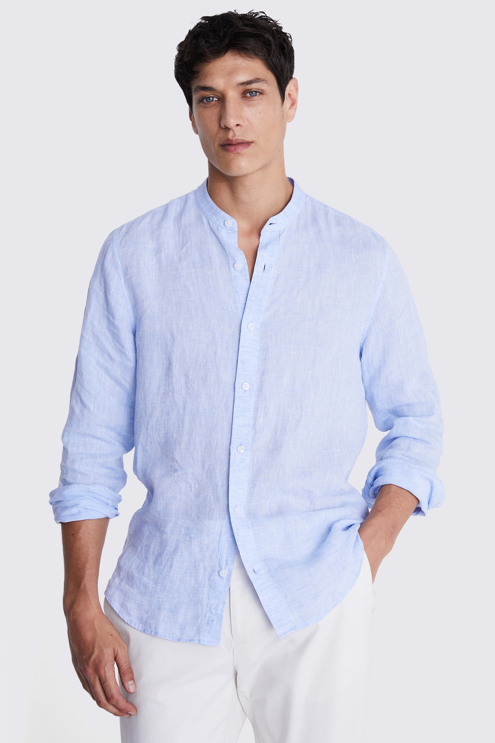 Tailored Fit Sky Linen Grandad Collar Shirt | Buy Online at Moss