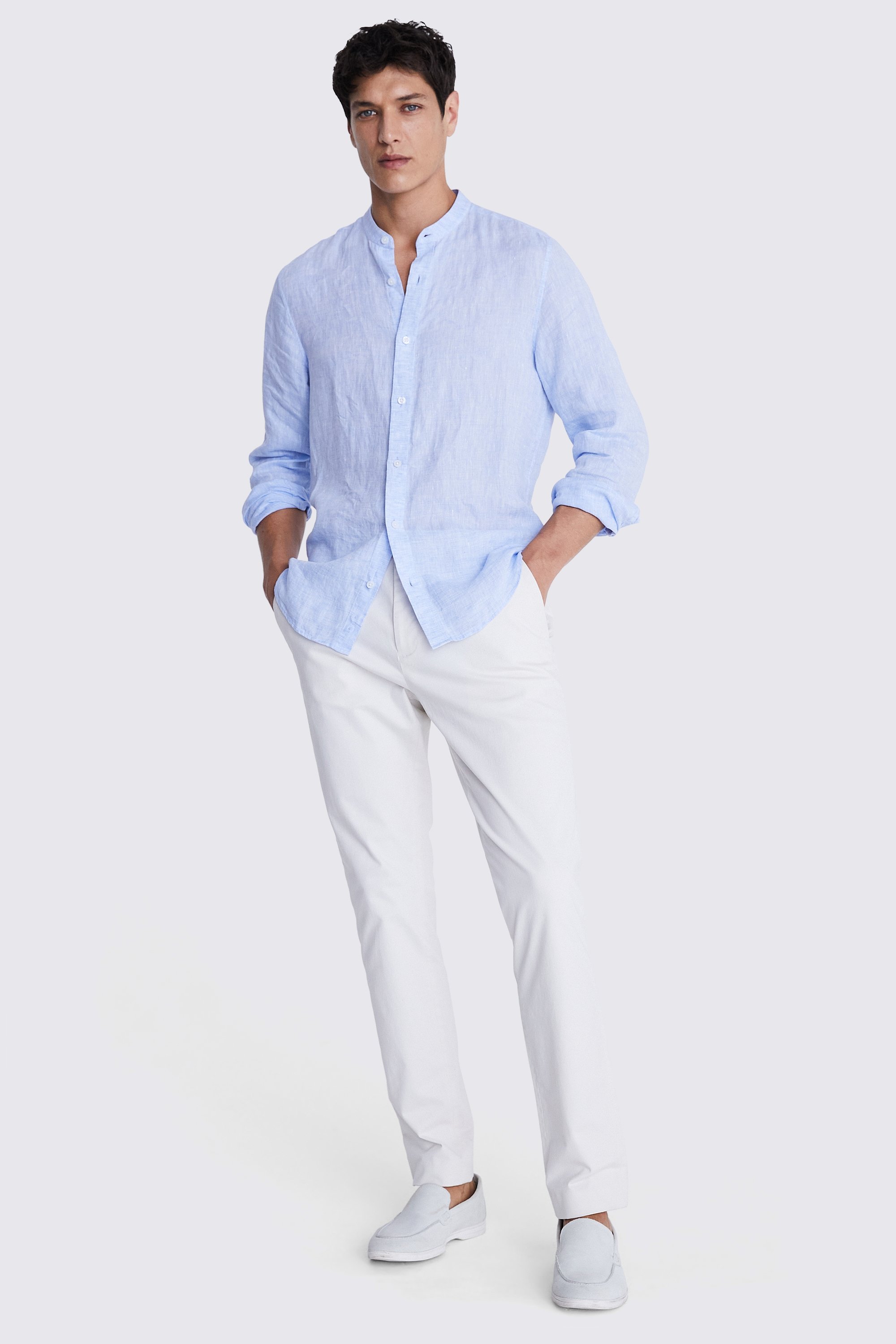 Sky Linen Grandad Collar Shirt