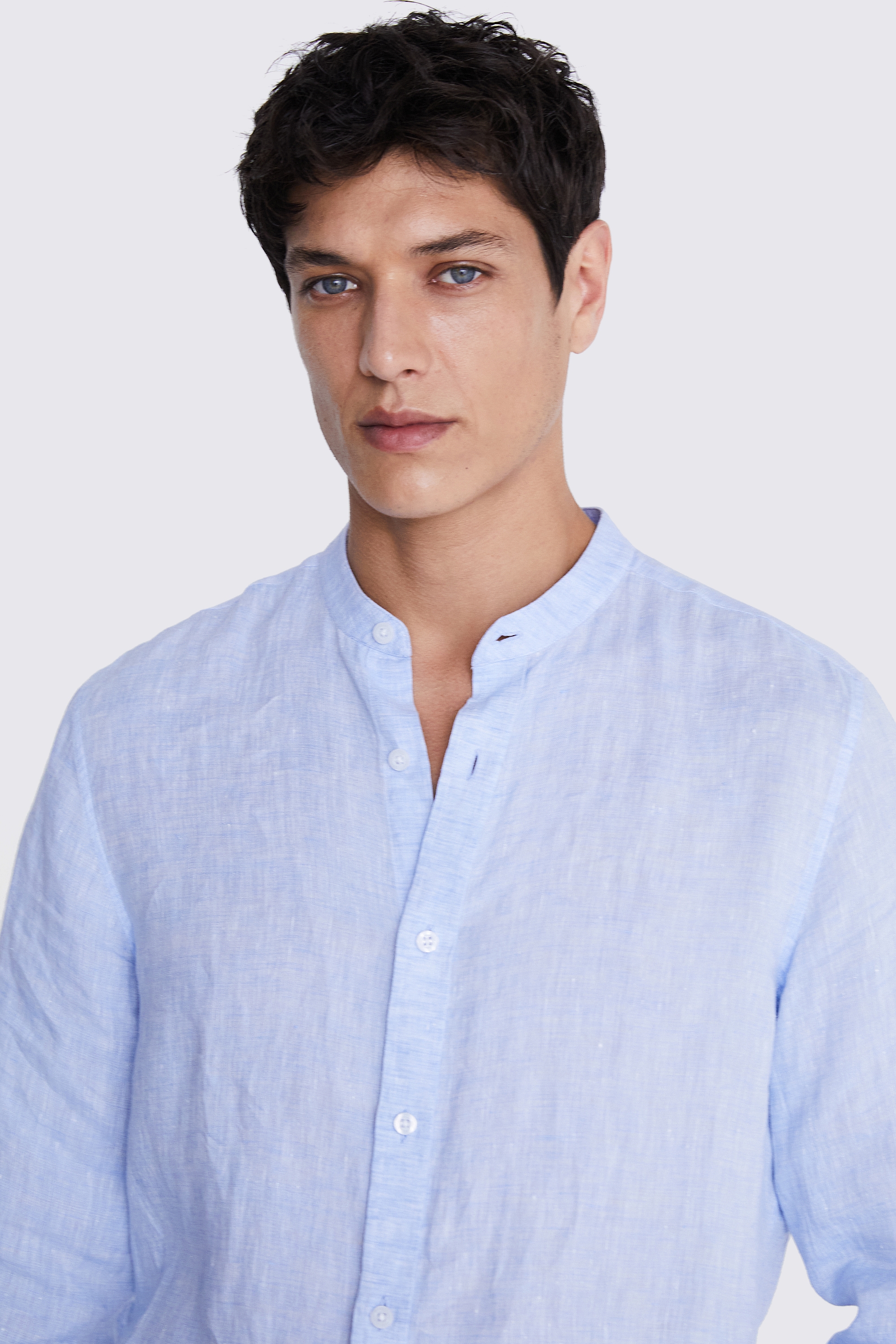 Tailored Fit Sky Linen Grandad Collar Shirt | Buy Online at Moss