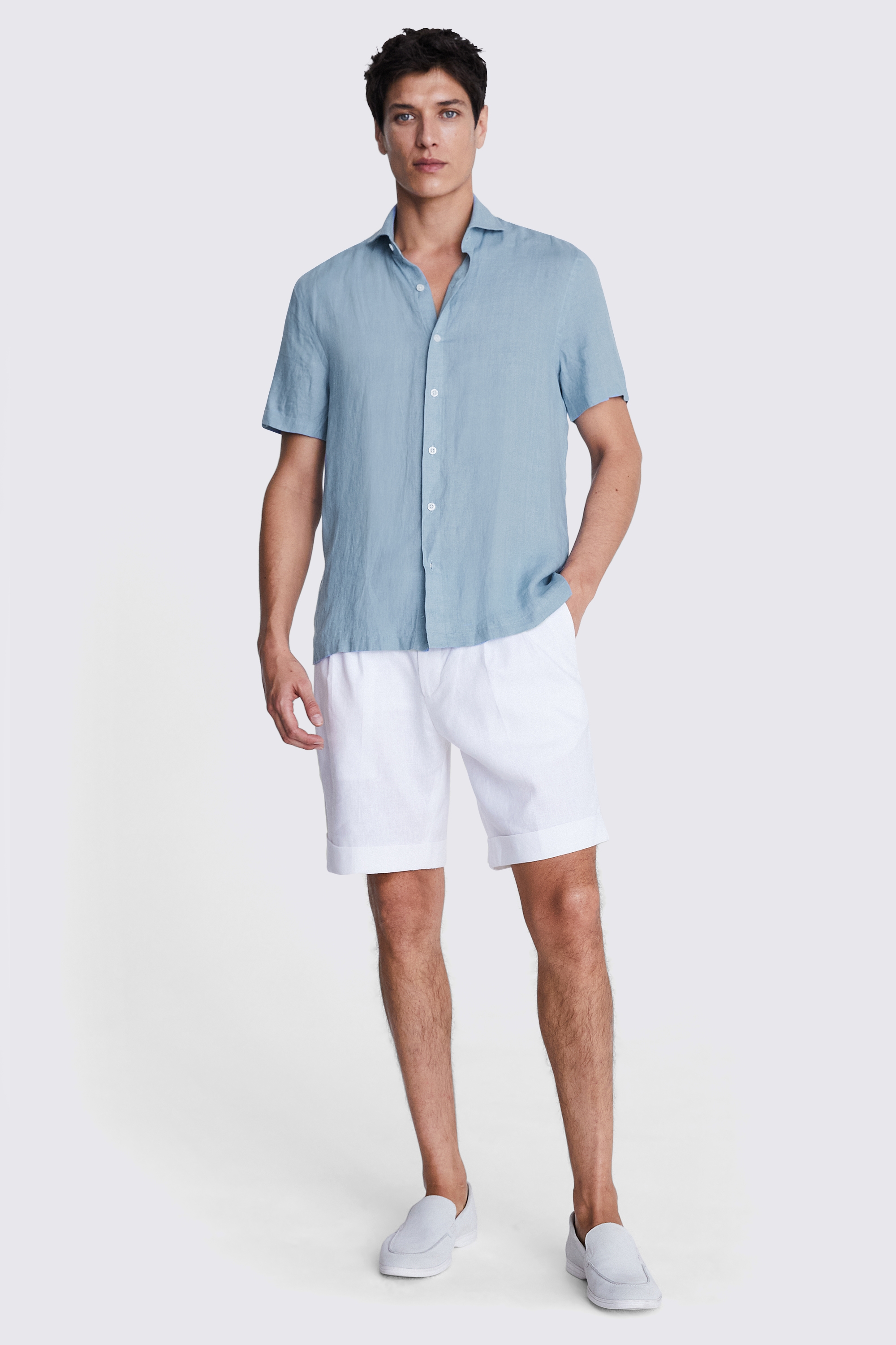 Tailored Fit Blue Short Sleeve Linen Shirt