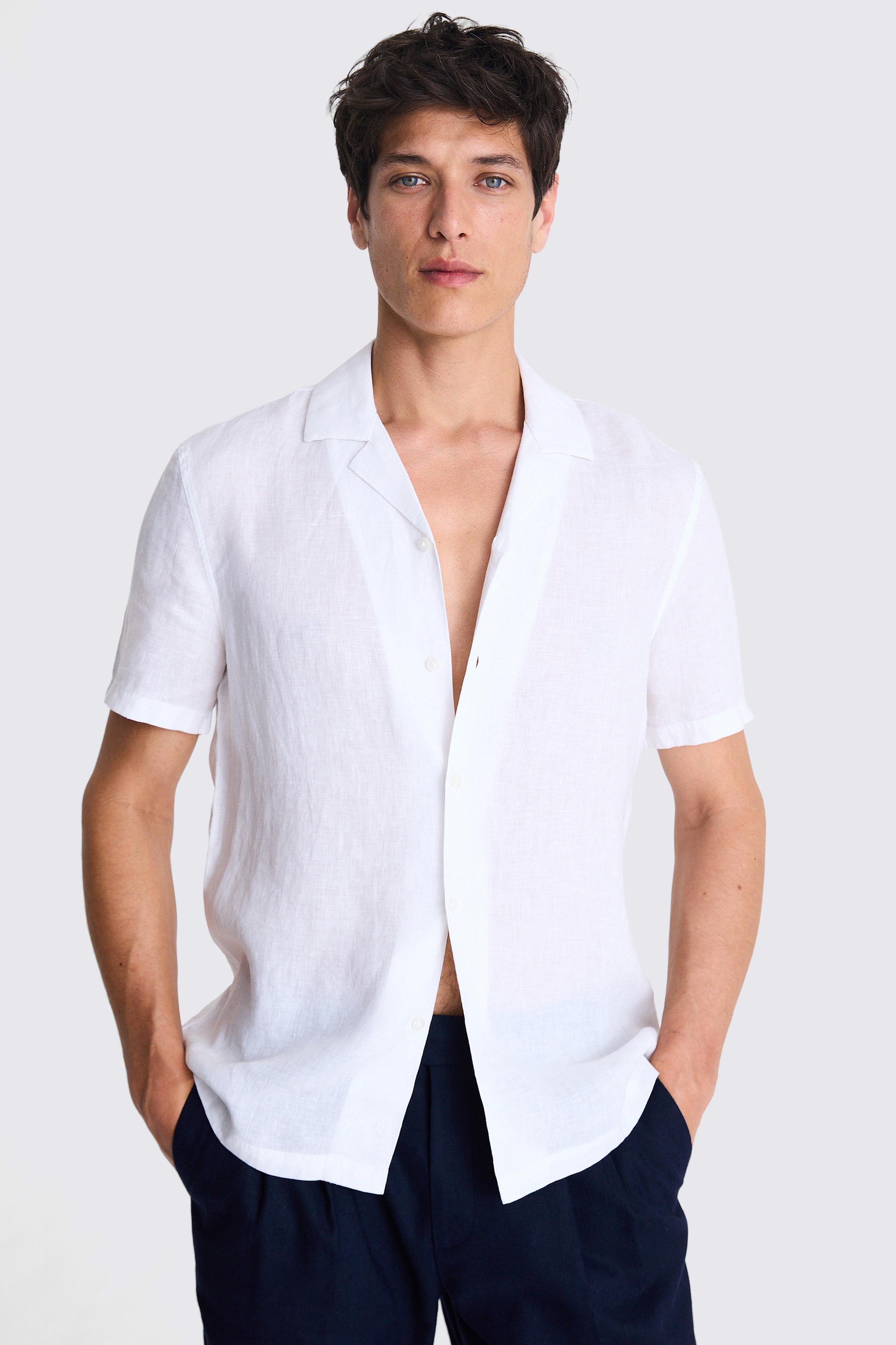 White Linen Cuban Collar Shirt