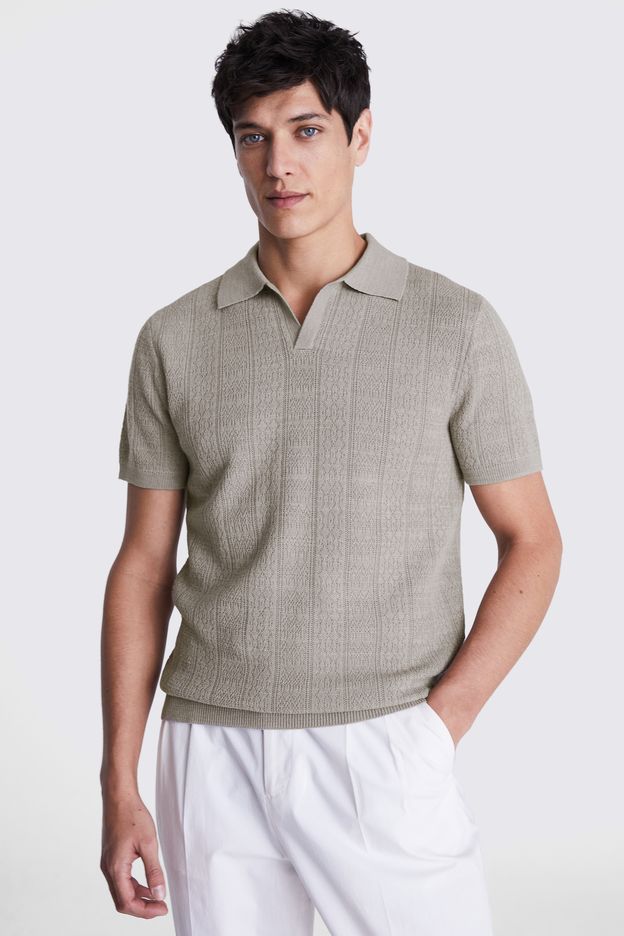 Ecru Linen Blend Pointelle Skipper Polo