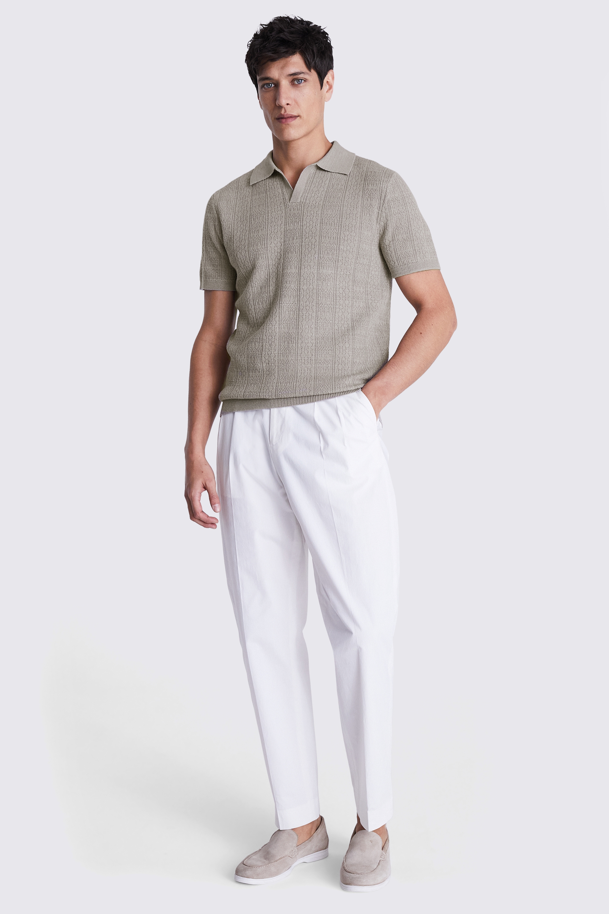 Ecru Linen Blend Pointelle Skipper Polo