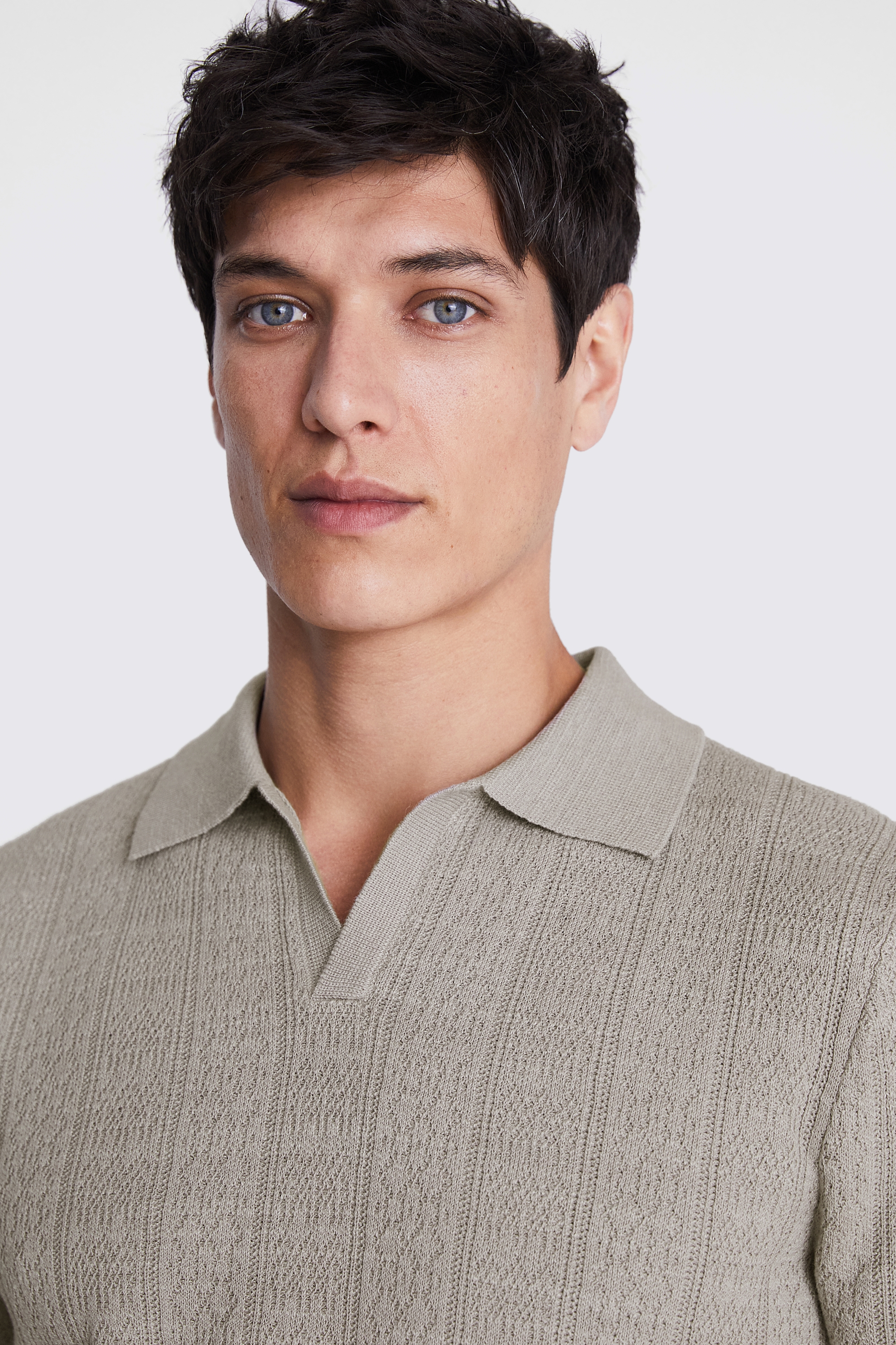 Ecru Linen Blend Pointelle Skipper Polo