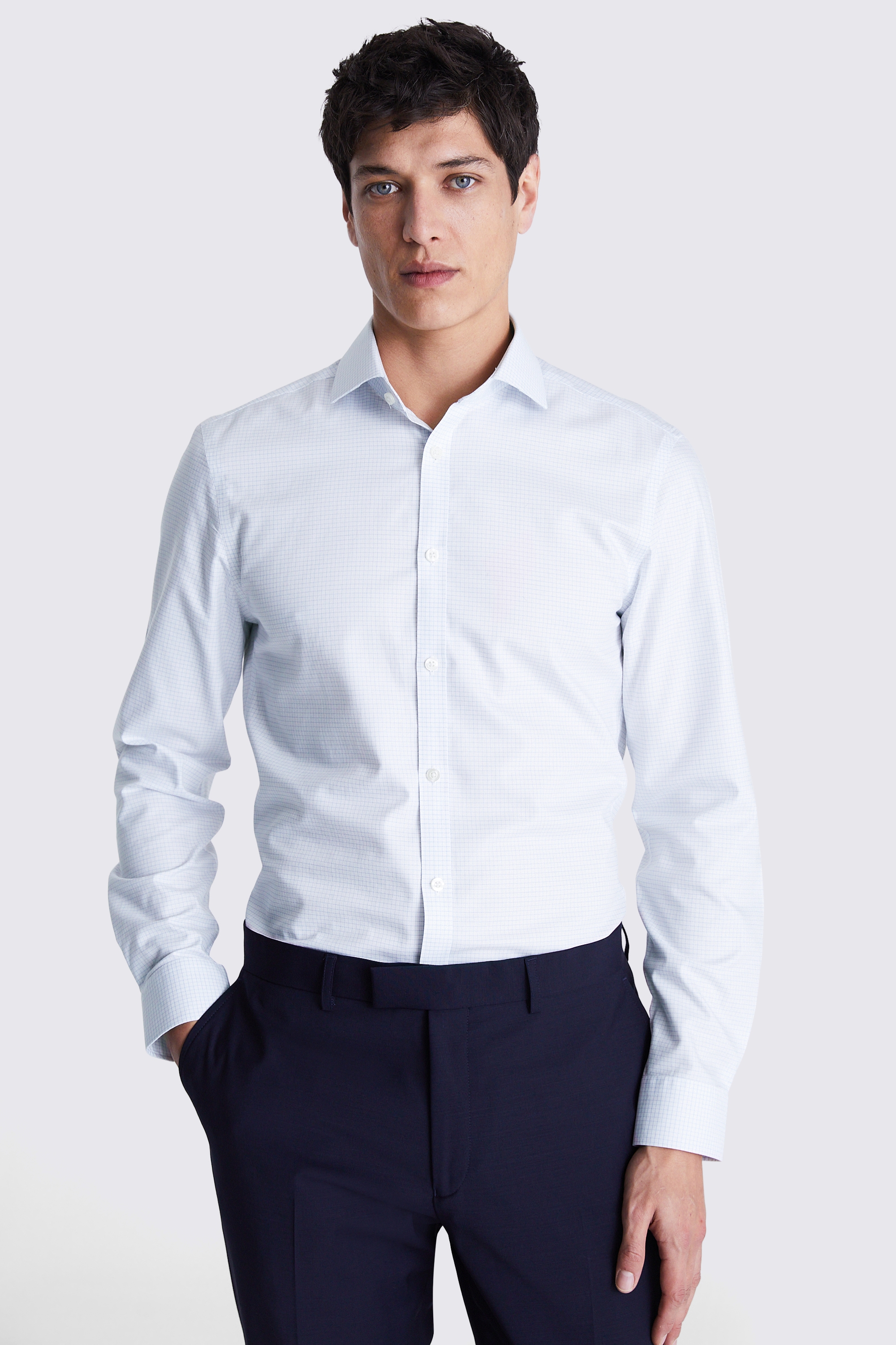 Slim Fit Light Blue Grid Check Non Iron Shirt