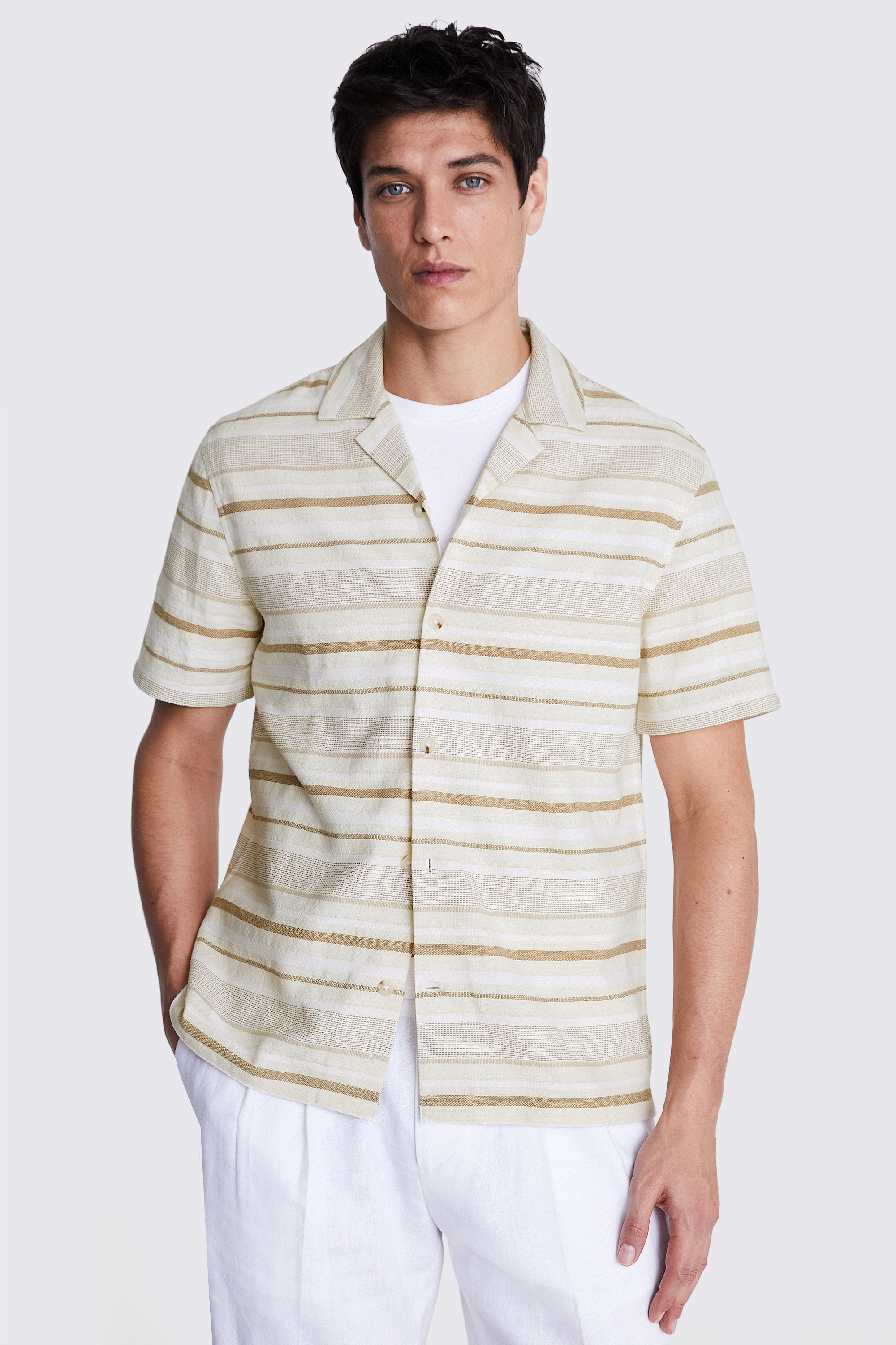 Neutral Stripe Woven Cuban Collar Shirt