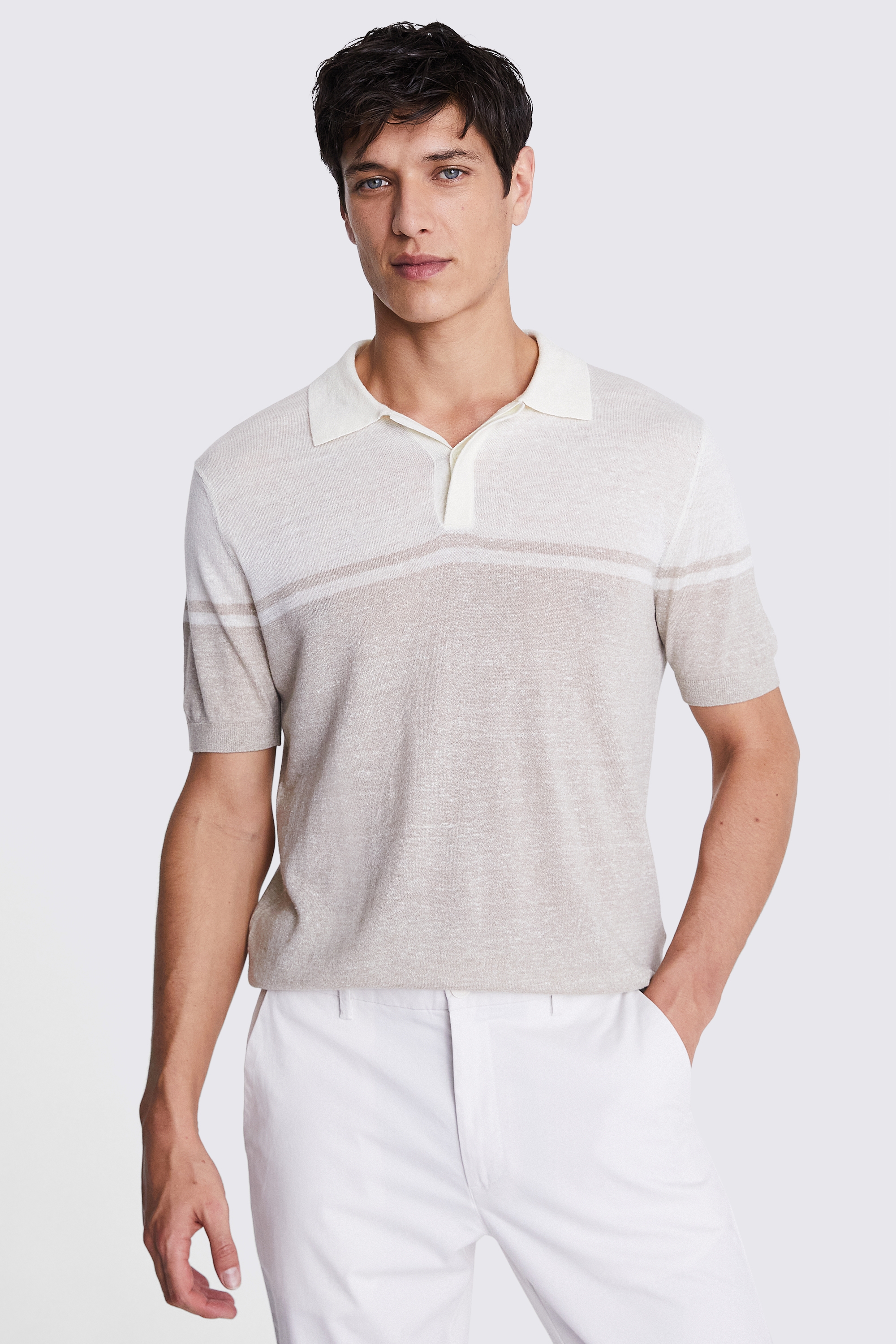 Neutral Stripe Linen Blend Knitted Polo