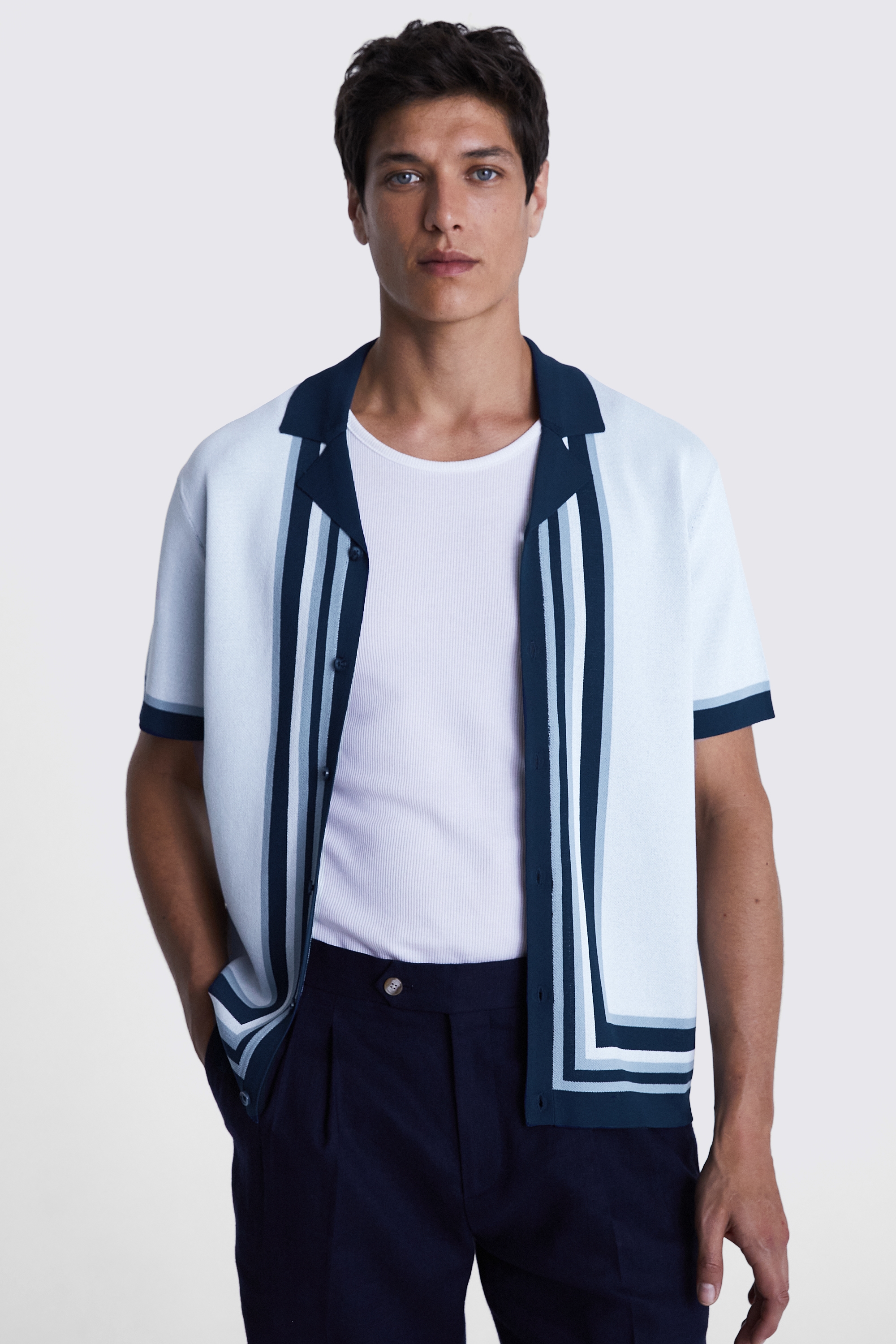 Blue & White Border Jacquard Shirt | Buy Online at Moss