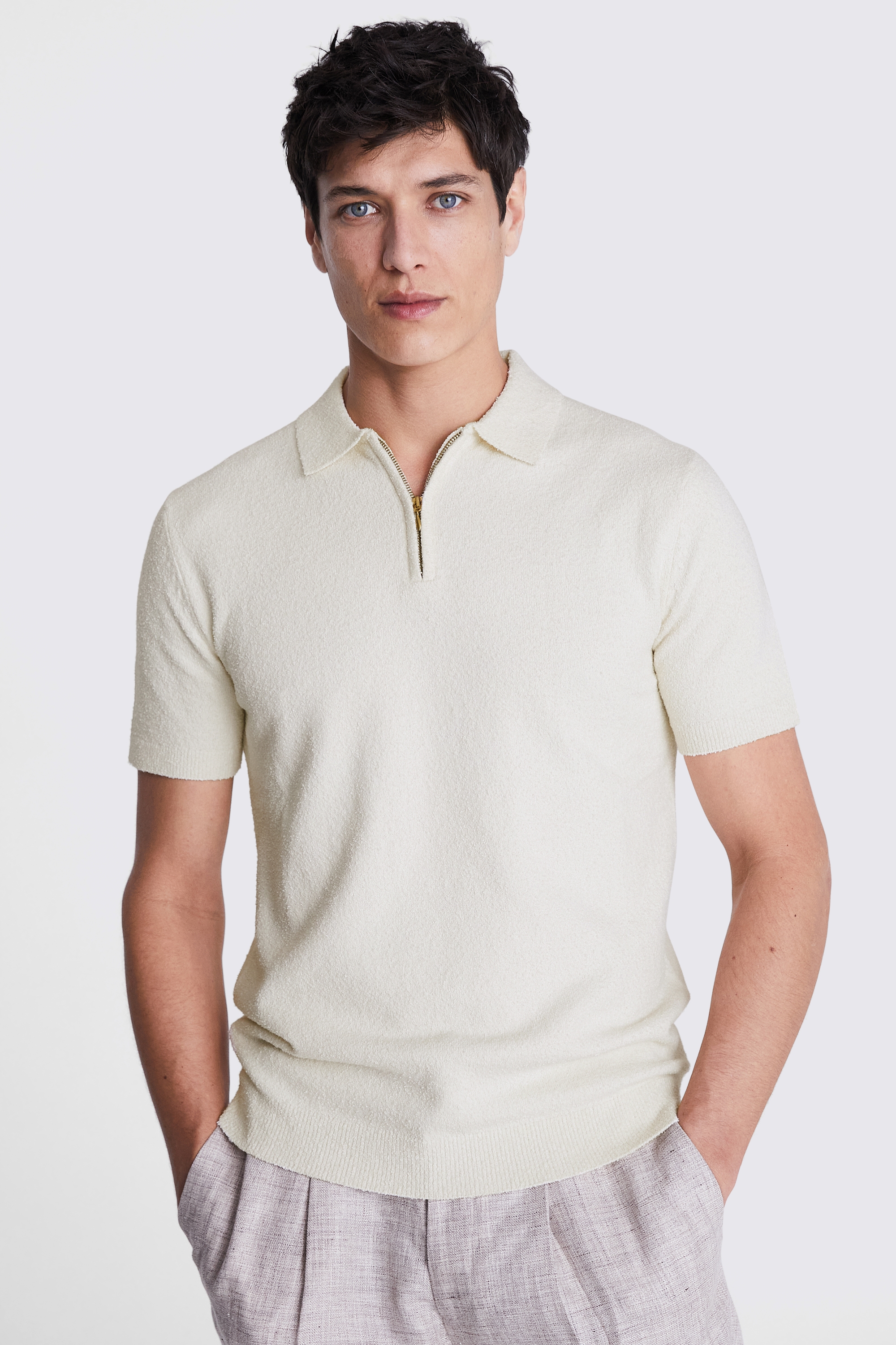 Ecru Bouclé Zip-Neck Polo Shirt