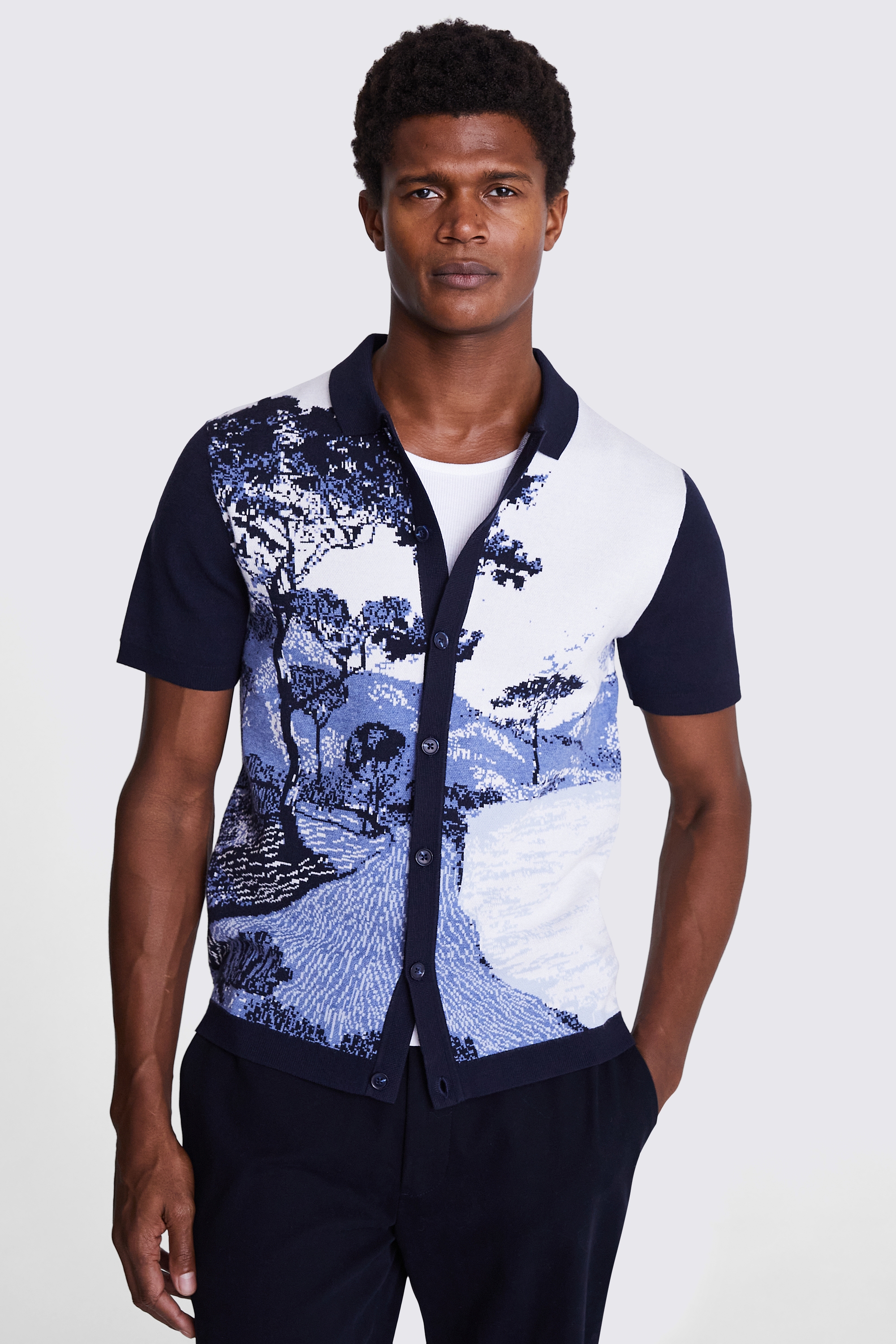 Blue Landscape Jacquard Knitted Cuban Shirt