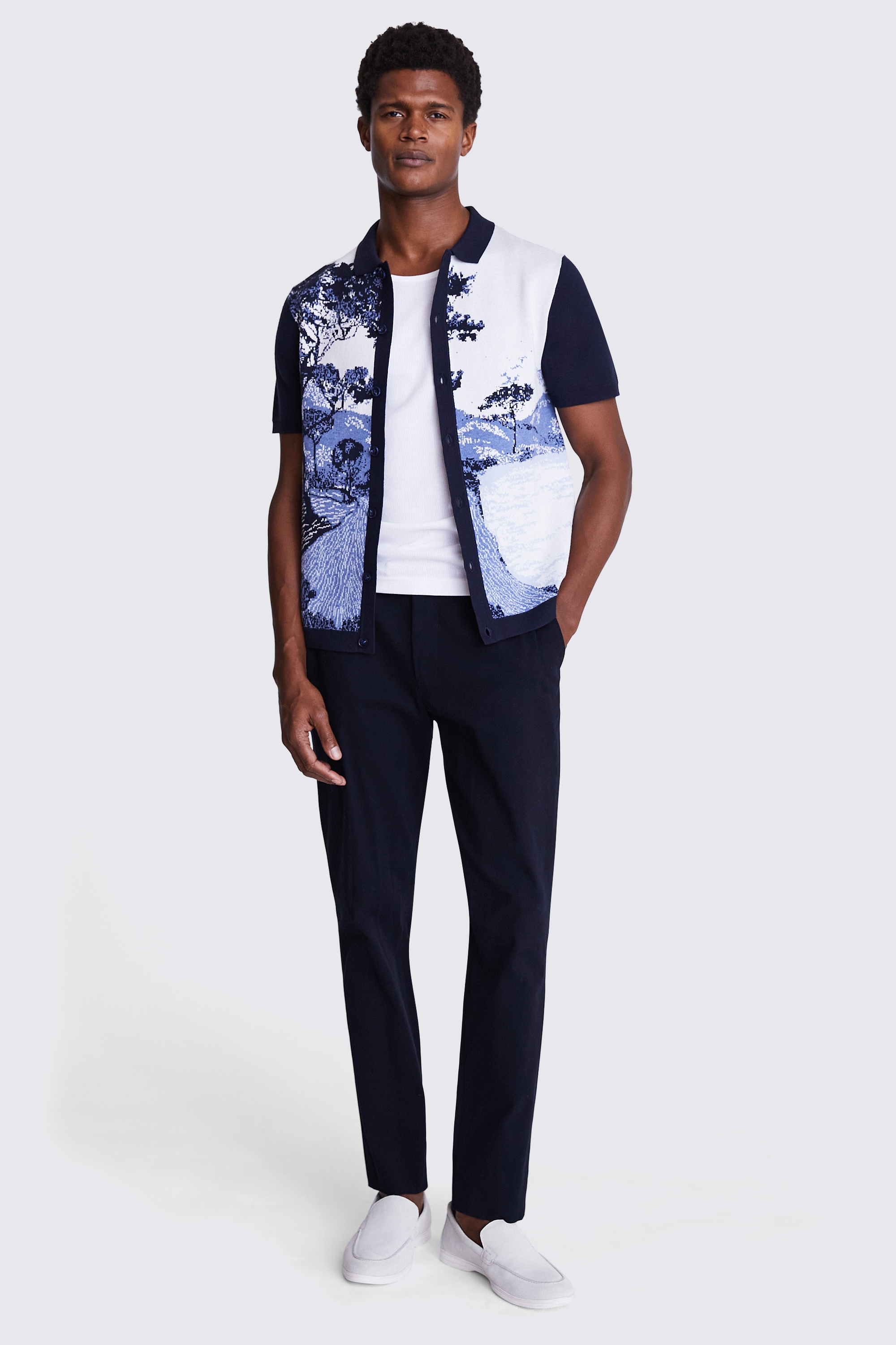 Blue Landscape Jacquard Knitted Cuban Shirt